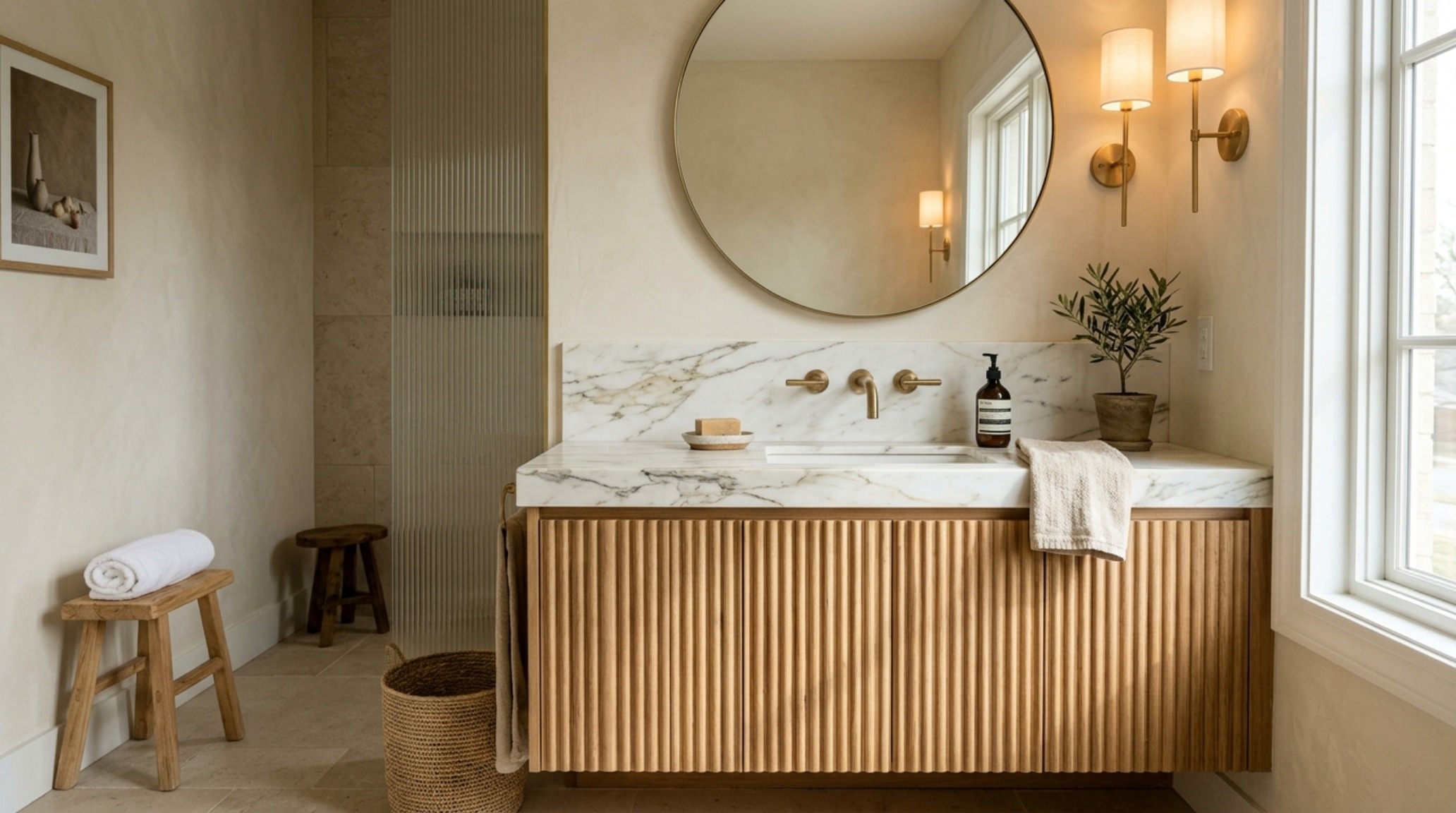 luxury home interior styles defined by a fluted white oak bathroom vanity with a monolithic honed marble countertop and unlacquered brass fixtures luxury home interior styles defined by a fluted white oak bathroom vanity with a monolithic honed marble countertop and unlacquered brass fixtures