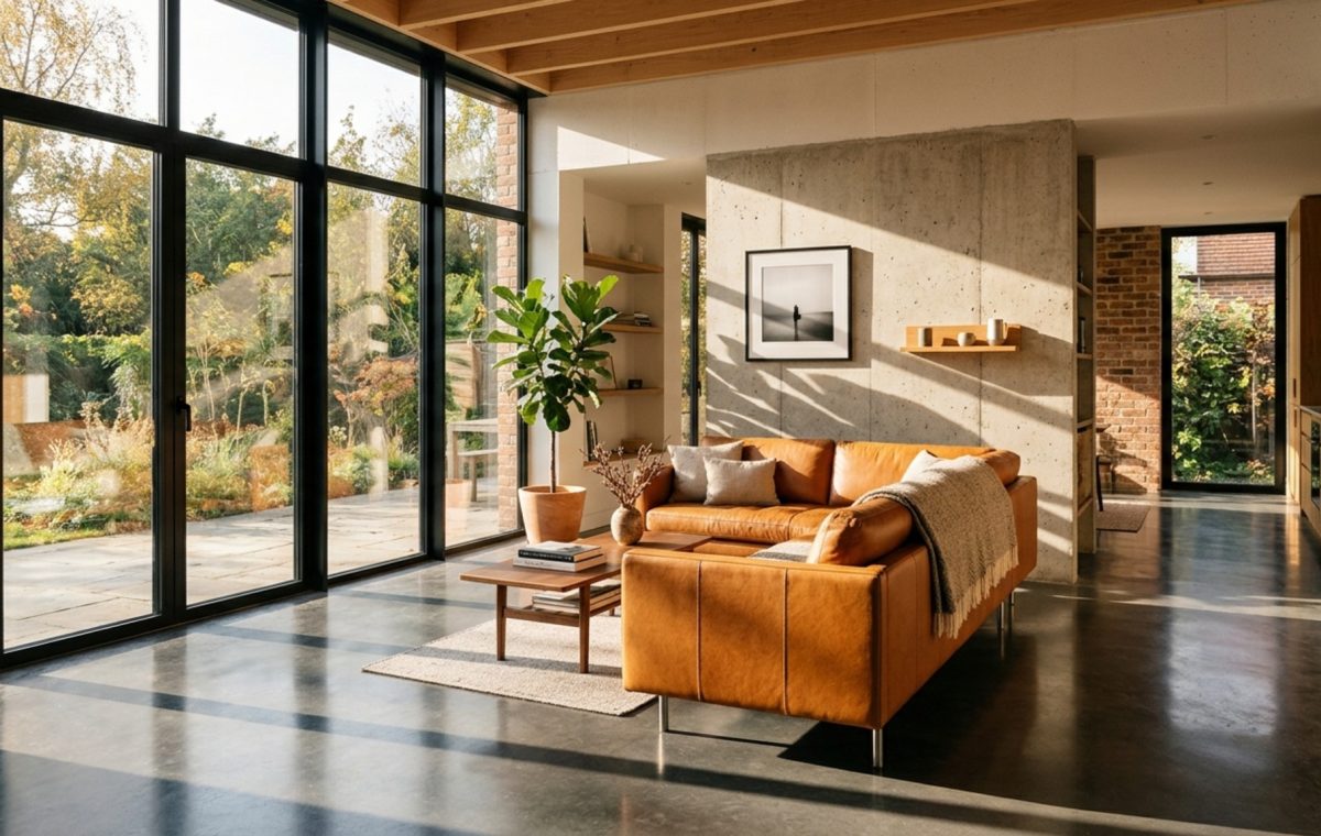 passive solar home design featuring a double-height living room with south-facing high-performance glazing and polished concrete floors for thermal mass.