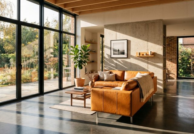passive solar home design featuring a double-height living room with south-facing high-performance glazing and polished concrete floors for thermal mass.