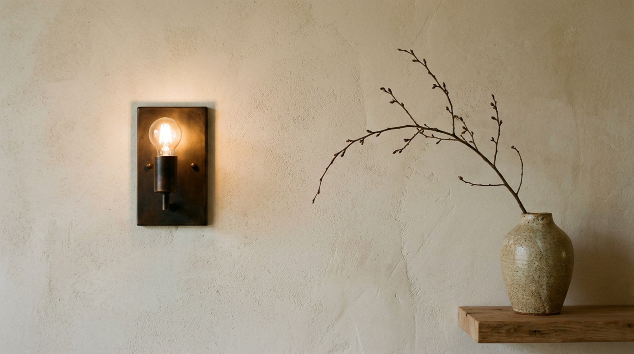 low-VOC interior finishes displayed on a textured lime-washed wall with hand-forged bronze sconces and a solid walnut floating shelf.