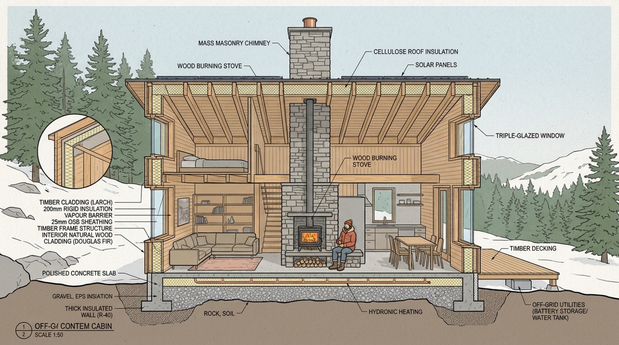 off-grid modern blueprints for a small-footprint cabin featuring high-performance insulation and a central wood-burning masonry heater.