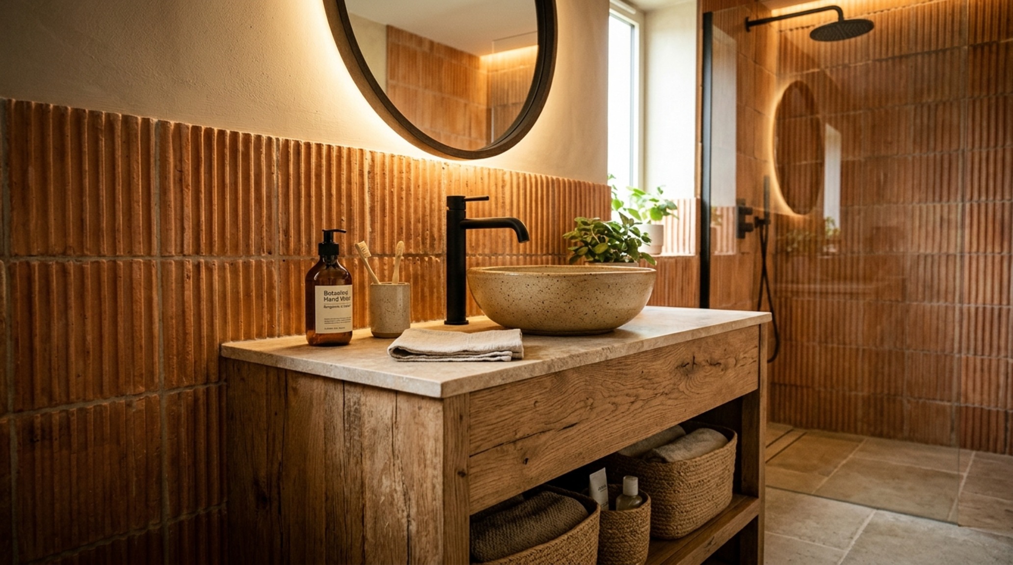 sustainable building materials 2025 showcasing fluted terracotta wall tiles and a reclaimed timber vanity in a powder room with high CRI 92+ lighting.