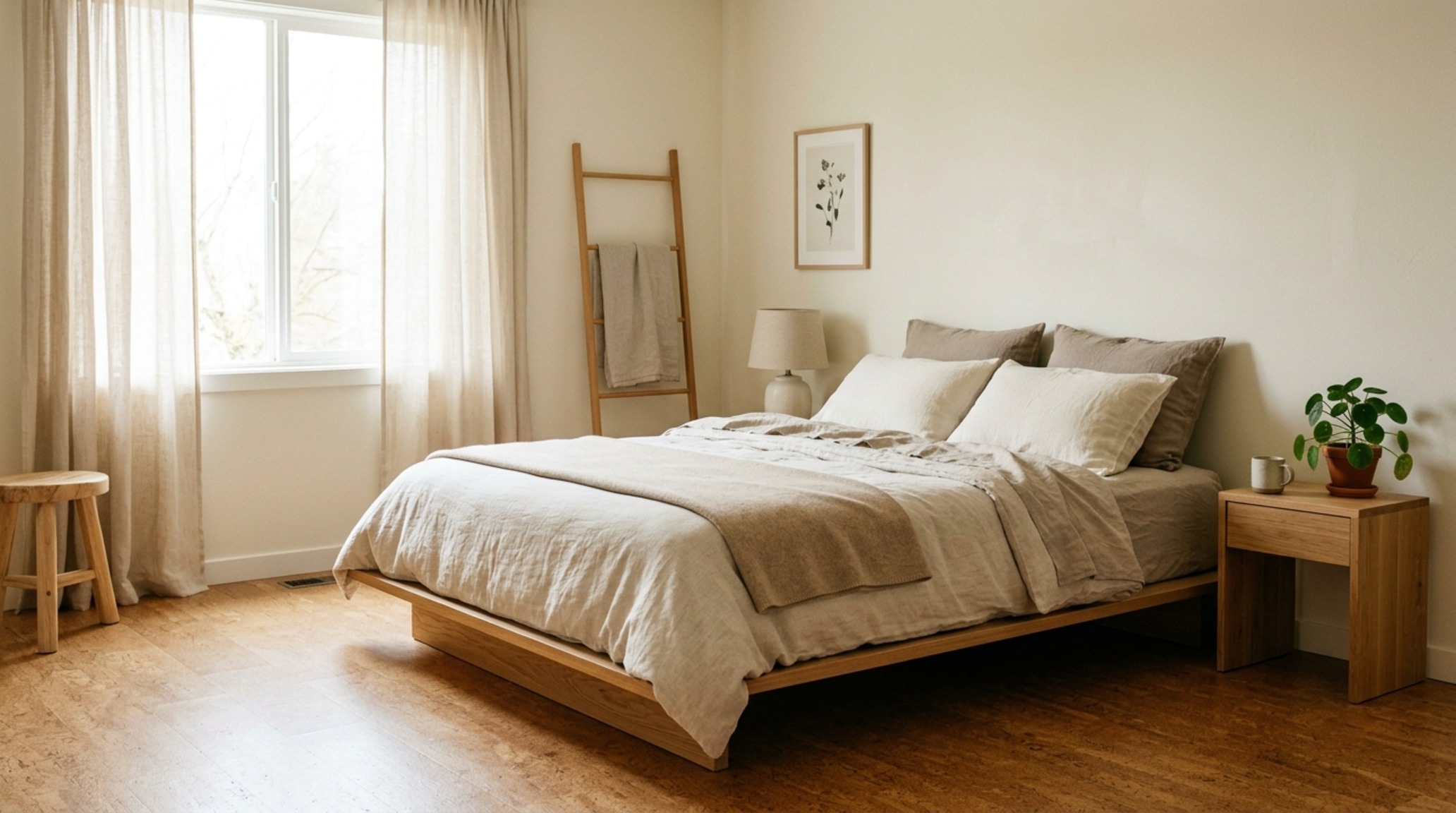 low-VOC interior finishes in a master bedroom using Benjamin Moore Swiss Coffee paint, natural linen bedding, and cork flooring for acoustic comfort.