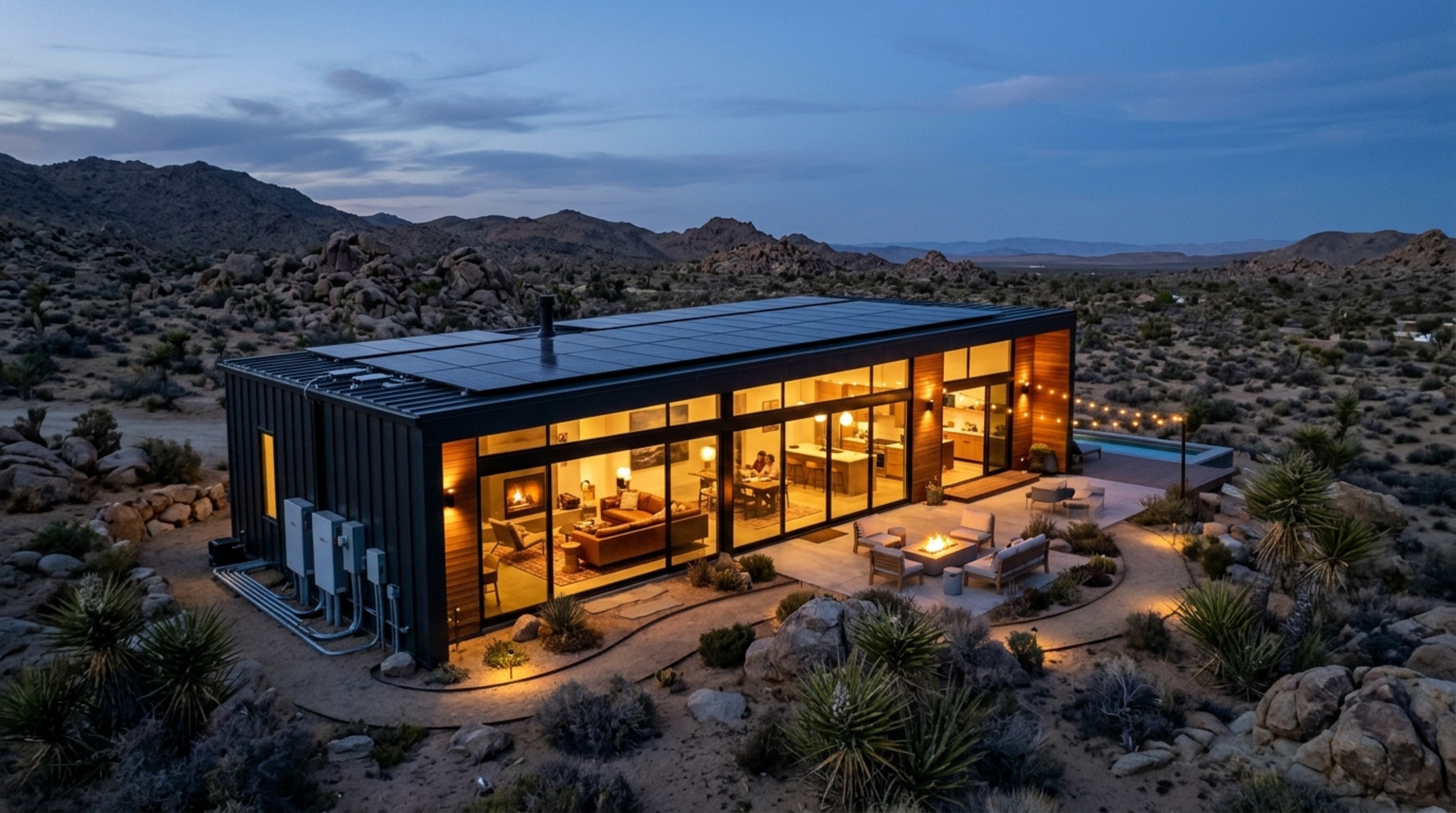 off-grid modern blueprints visualized in a remote desert home with integrated solar arrays and a rainwater harvesting system blended into the steel-and-glass exterior.