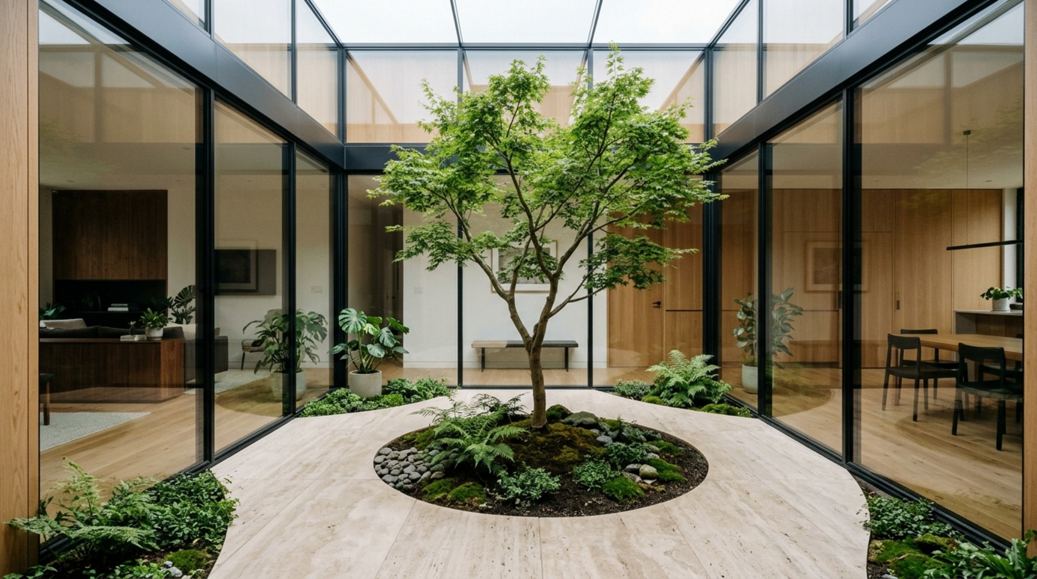 biophilic modern architecture featuring an internal courtyard with a single Japanese maple tree, surrounded by glass-walled corridors for natural light.