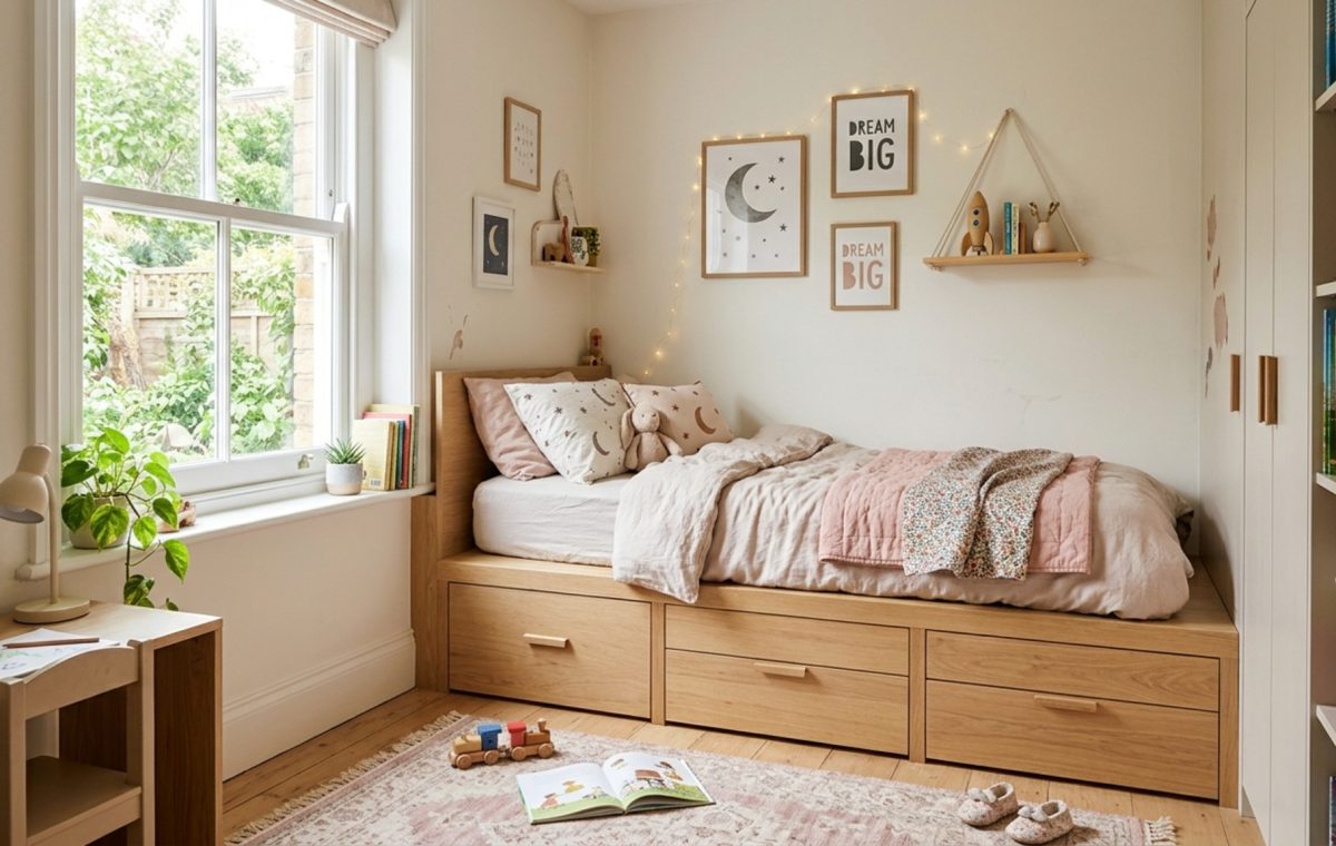 space-saving girls room layouts featuring a perimeter-hugging custom platform bed in blonde oak with integrated drawer storage and 36-inch walkway clearance