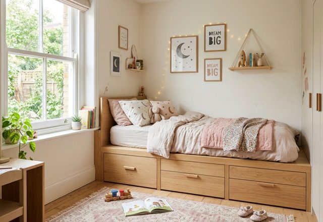 space-saving girls room layouts featuring a perimeter-hugging custom platform bed in blonde oak with integrated drawer storage and 36-inch walkway clearance