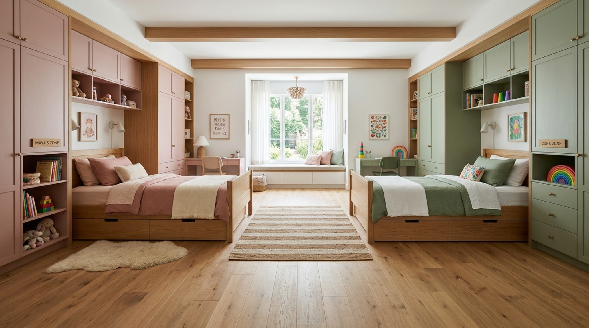 shared bedroom ideas for sisters using alternating verticality and alternating loft positions to provide personal boundaries in a shared 10x10 space