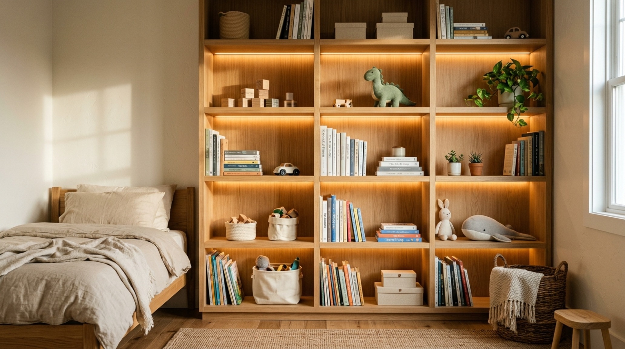 vertical storage hacks for bedrooms showcasing a floor-to-ceiling modular spine with white oak panels and recessed LED lighting for a warm ambient glow