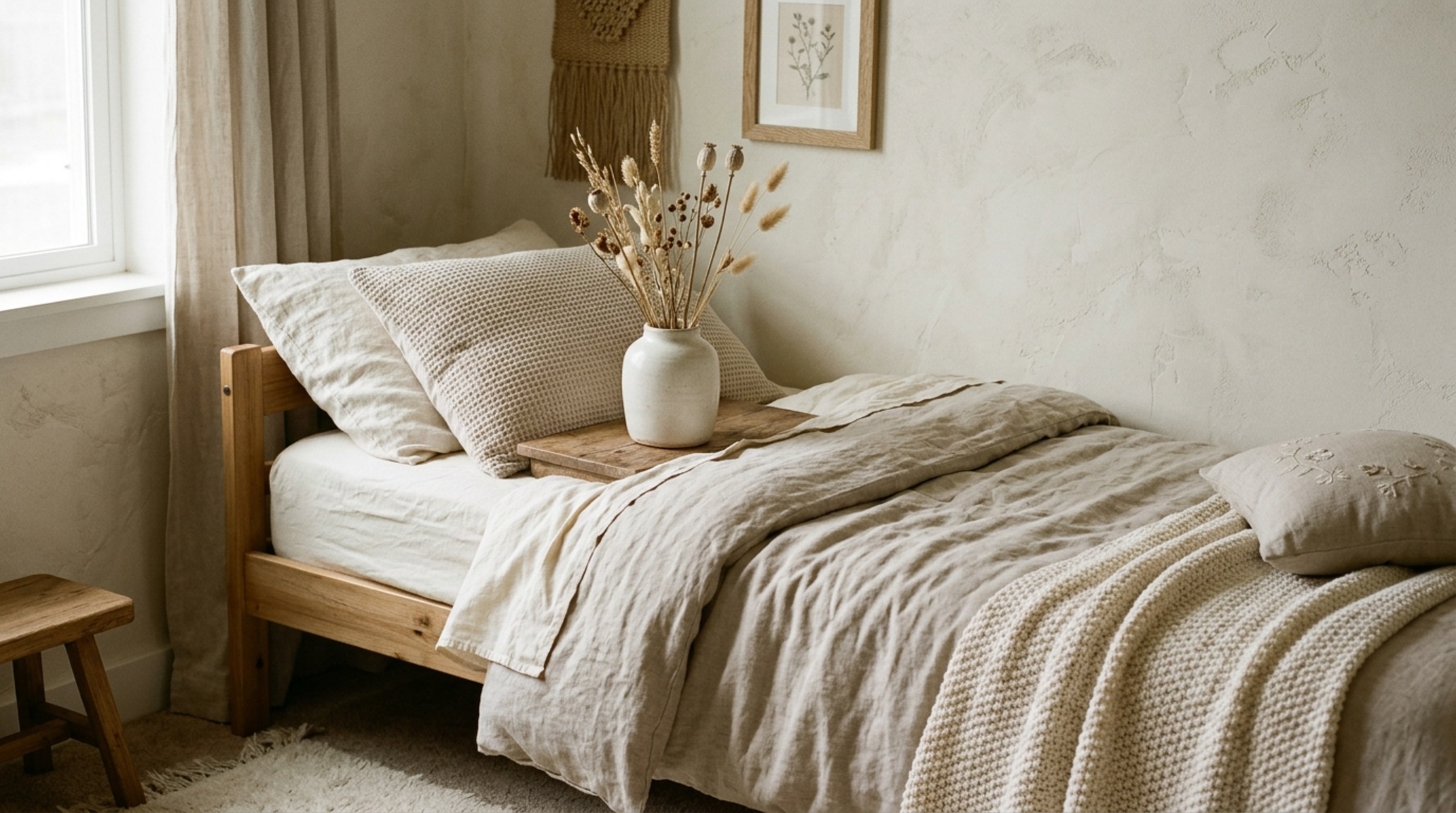 aesthetic small girl room decor displaying layered Belgian linen bedding, lime-washed walls, and curated clay pots in a monochromatic palette