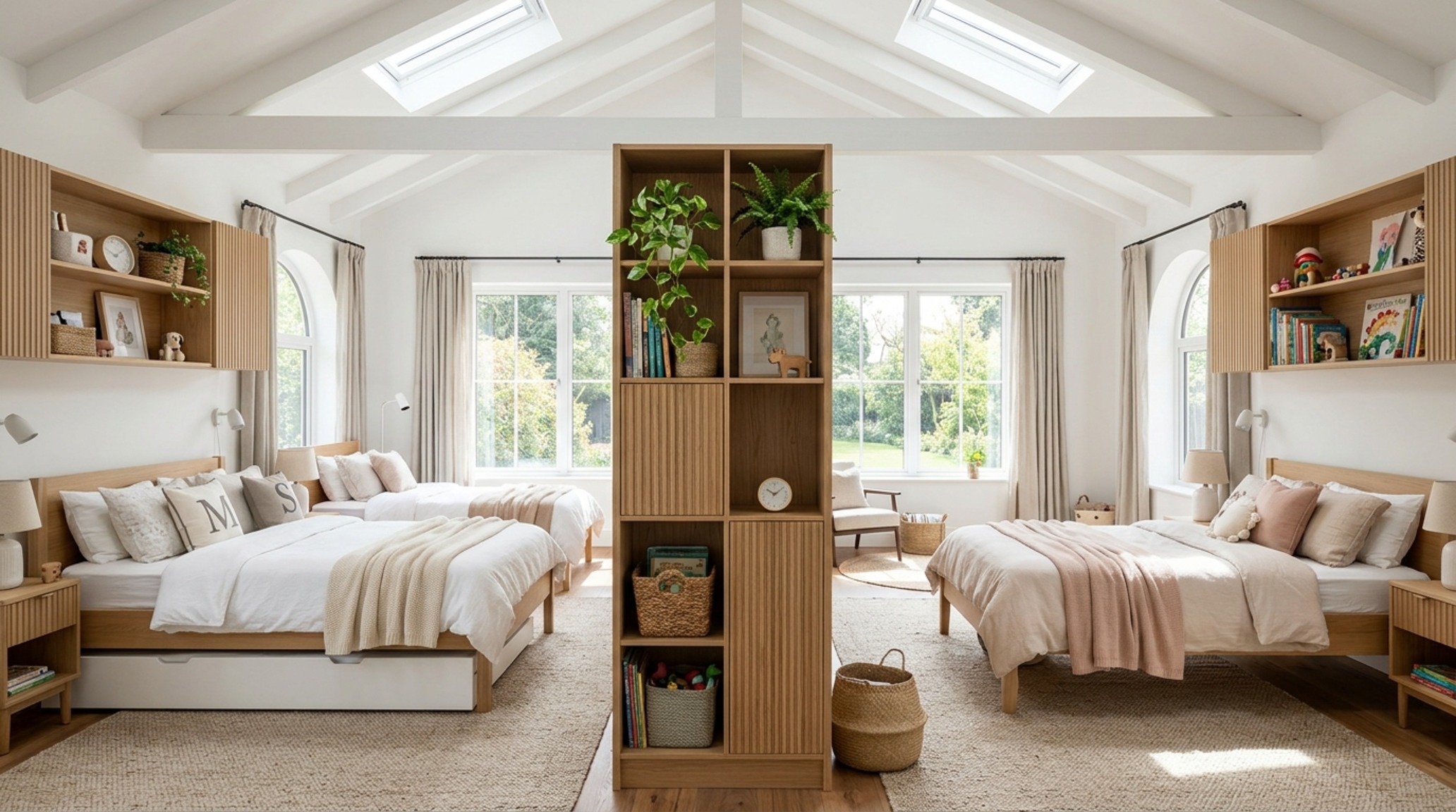 shared bedroom ideas for sisters with a double-sided central bookshelf divider creating autonomous zones and trundle units for open floor space