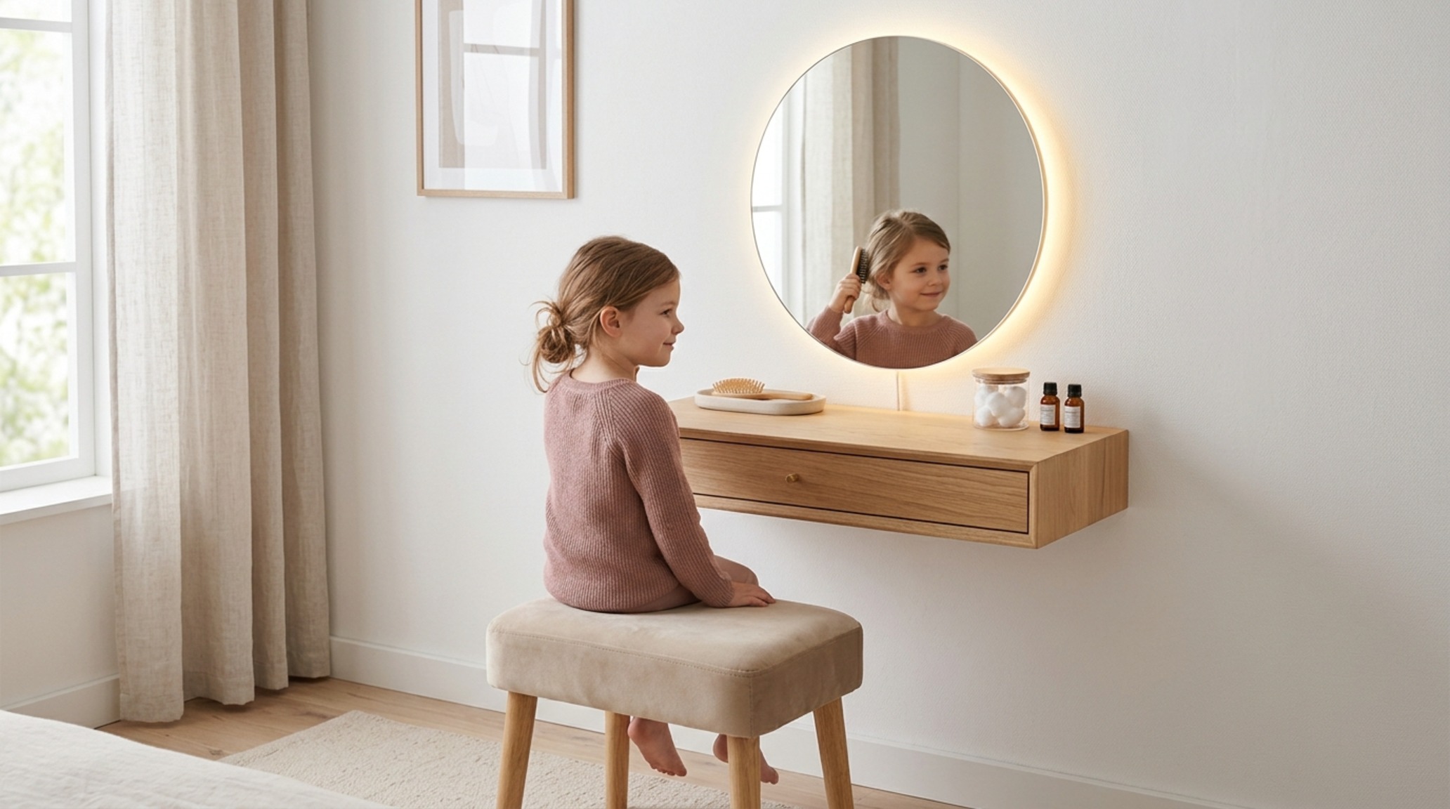 compact vanity sets for kids featuring a floating white oak vanity with high-CRI mirror lighting and a slim-profile stool tucked beneath
