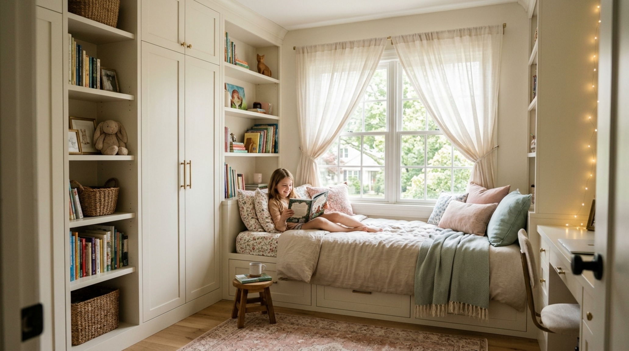space-saving girls room layouts with a bed-base cabinet system in Benjamin Moore Swiss Coffee against a large window for light-play