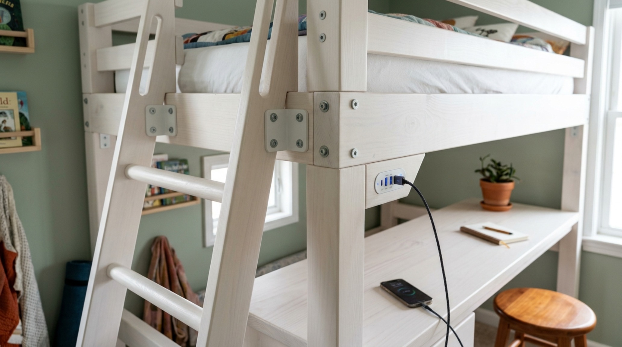 loft beds with desks for small rooms in a high-efficiency layout with fluted oak details and 60-inch vertical sleep clearance