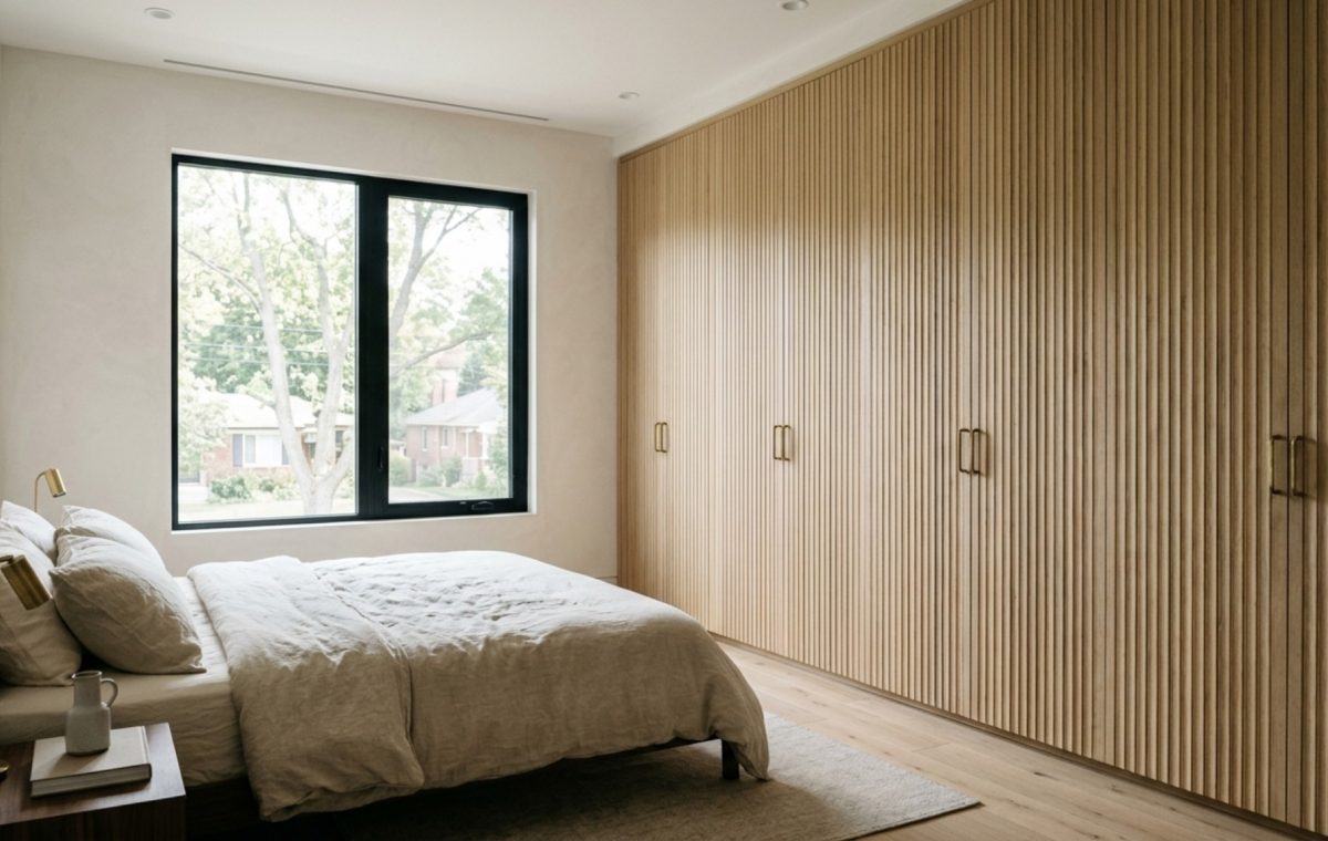 A bright urban bedroom featuring floor-to-ceiling closet doors decor ideas with fluted white oak panels and soft 2700K ambient lighting reflecting off limewash walls.