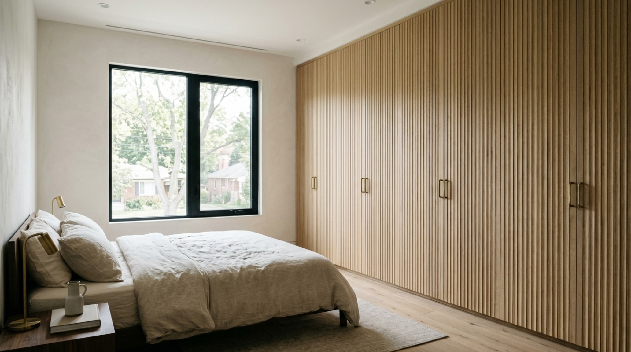 A bright urban bedroom featuring floor-to-ceiling closet doors decor ideas with fluted white oak panels and soft 2700K ambient lighting reflecting off limewash walls. A bright urban bedroom featuring floor-to-ceiling closet doors decor ideas with fluted white oak panels and soft 2700K ambient lighting reflecting off limewash walls.