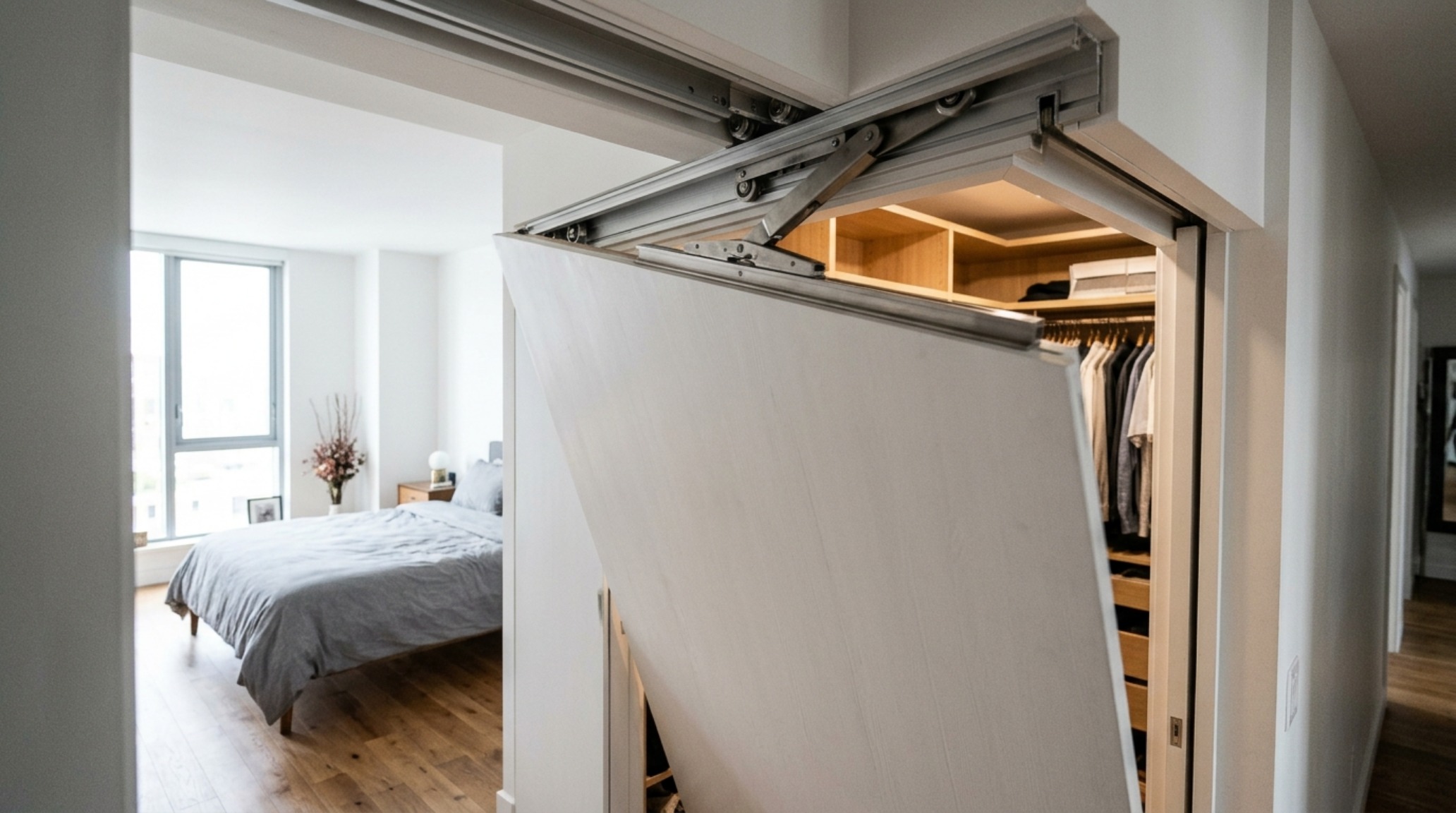 Detail of a pivot-slide closet door mechanism in motion, illustrating luxury small space storage hacks for narrow transitional areas. Detail of a pivot-slide closet door mechanism in motion, illustrating luxury small space storage hacks for narrow transitional areas.