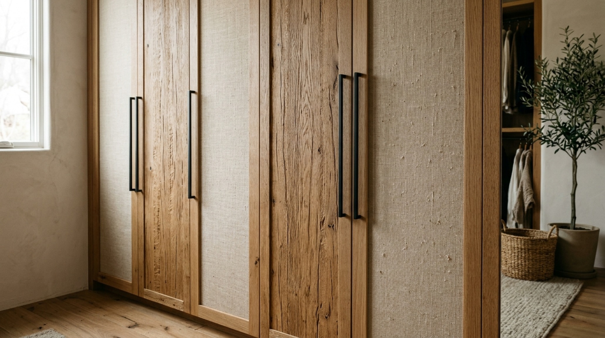 Organic modern closet design featuring a mix of wire-brushed oak and linen-wrapped door panels for tactile depth and acoustic softening. Organic modern closet design featuring a mix of wire-brushed oak and linen-wrapped door panels for tactile depth and acoustic softening.