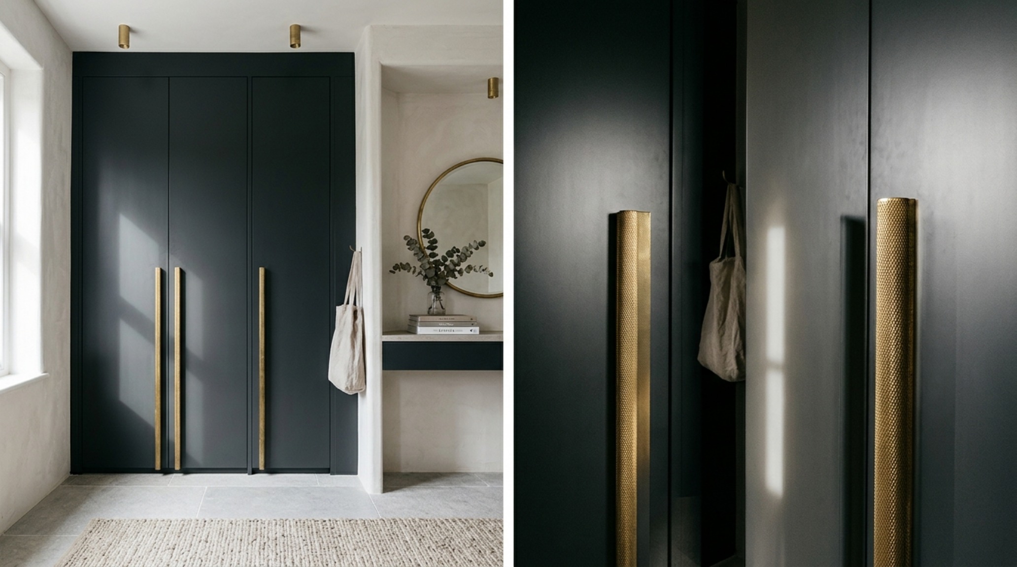 A set of dark charcoal closet doors with oversized knurled brass handles, positioned against a light grey Venetian plaster wall for high-contrast custom cabinetry aesthetics. A set of dark charcoal closet doors with oversized knurled brass handles, positioned against a light grey Venetian plaster wall for high-contrast custom cabinetry aesthetics.