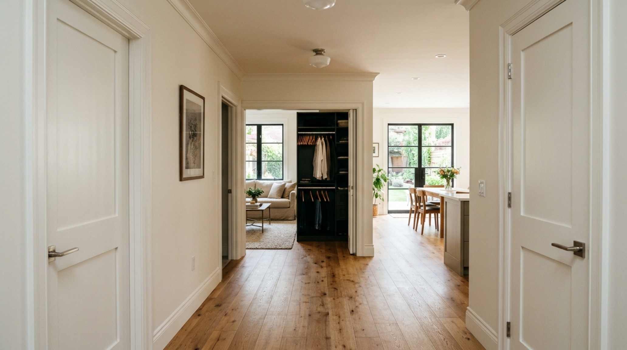 View through a bedroom into a walk-in wardrobe area where hidden pocket-folding doors provide an unobstructed 30-inch dining chair clearance. View through a bedroom into a walk-in wardrobe area where hidden pocket-folding doors provide an unobstructed 30-inch dining chair clearance.