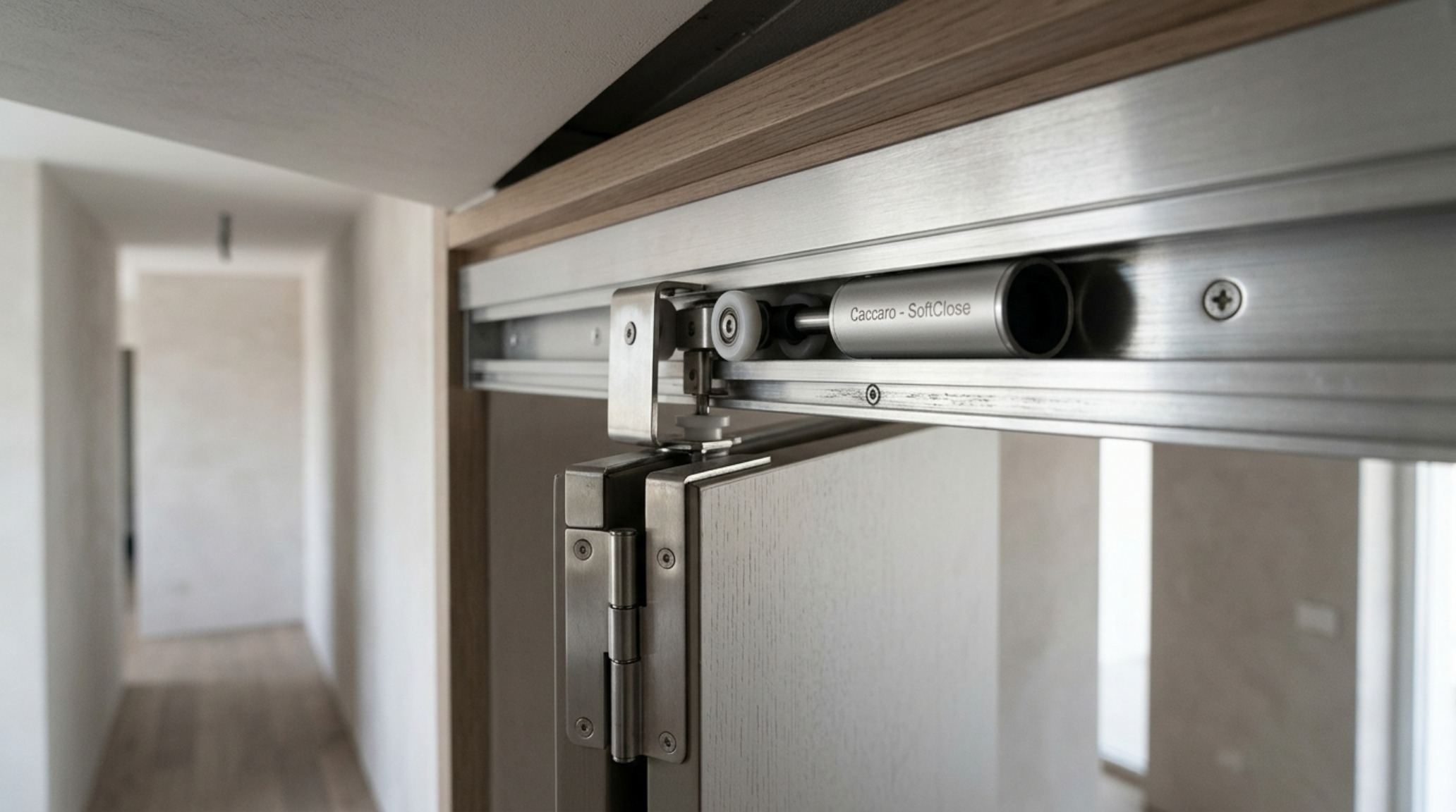 Detail shot of an Italian-style folding-sliding hybrid closet door system showing the precision-engineered top-hung track and integrated storage design. Detail shot of an Italian-style folding-sliding hybrid closet door system showing the precision-engineered top-hung track and integrated storage design.