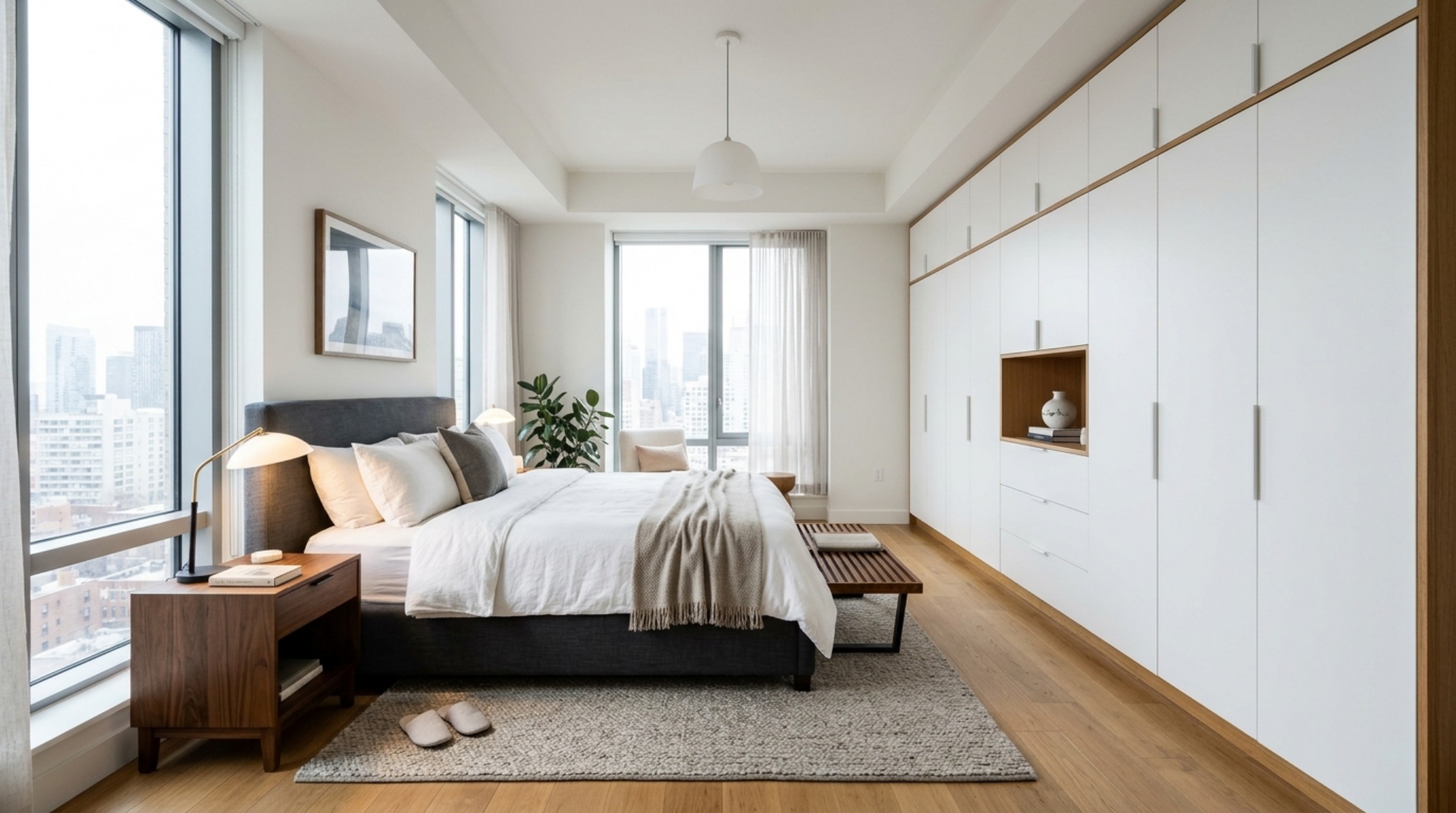 A wide-angle architectural shot of a compact bedroom demonstrating 36-inch walkway clearances and the space-saving benefits of aesthetic sliding closet doors interior. A wide-angle architectural shot of a compact bedroom demonstrating 36-inch walkway clearances and the space-saving benefits of aesthetic sliding closet doors interior.