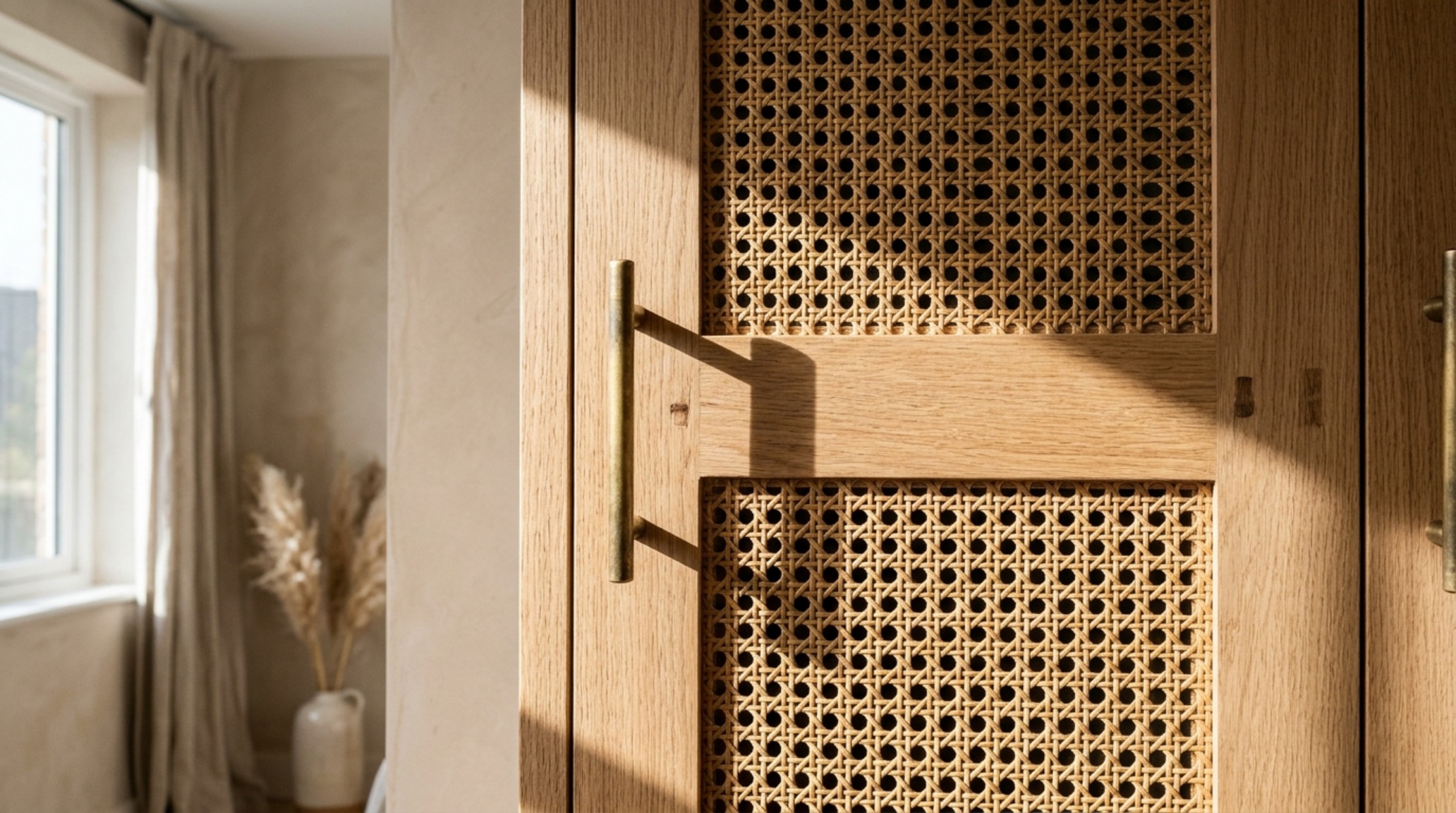 High-end closet doors featuring natural cane webbing inserts for ventilation and texture, highlighting bespoke closet door hardware trends in a luxury primary suite. High-end closet doors featuring natural cane webbing inserts for ventilation and texture, highlighting bespoke closet door hardware trends in a luxury primary suite.