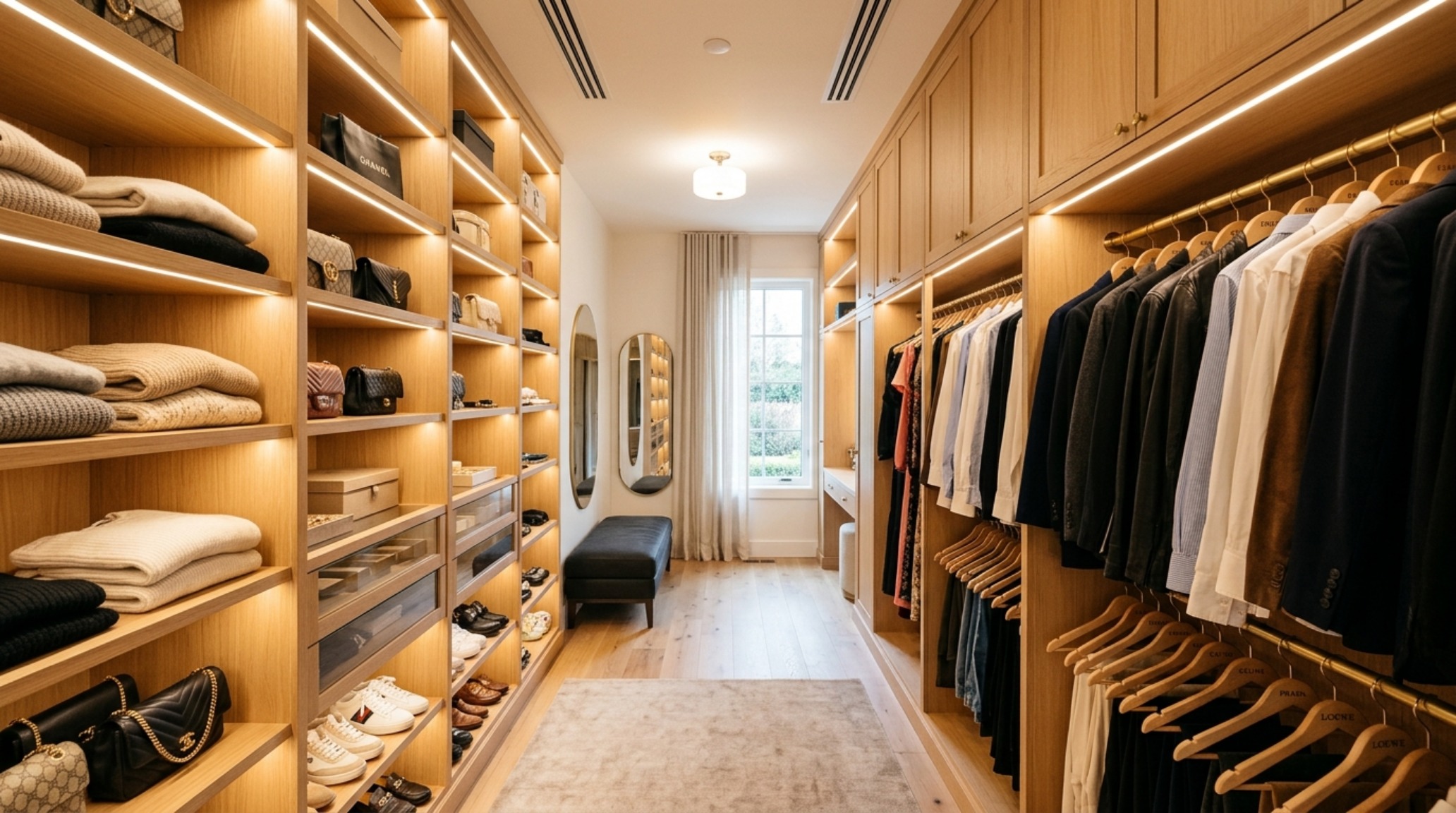 Interior view of a custom wardrobe with integrated LED lighting and high CRI 90+ ratings, showcasing bedroom spatial optimization through tiered hanging rods. Interior view of a custom wardrobe with integrated LED lighting and high CRI 90+ ratings, showcasing bedroom spatial optimization through tiered hanging rods.