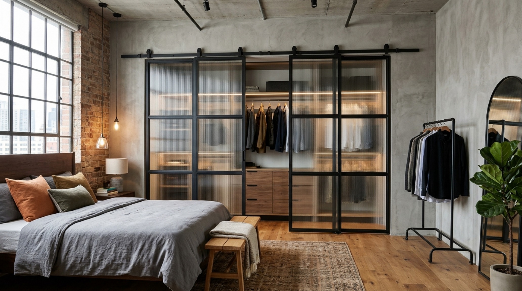 Modern bifold closet door alternatives featuring sleek matte black metal frames and smoked glass panels in a minimalist loft setting. Modern bifold closet door alternatives featuring sleek matte black metal frames and smoked glass panels in a minimalist loft setting.