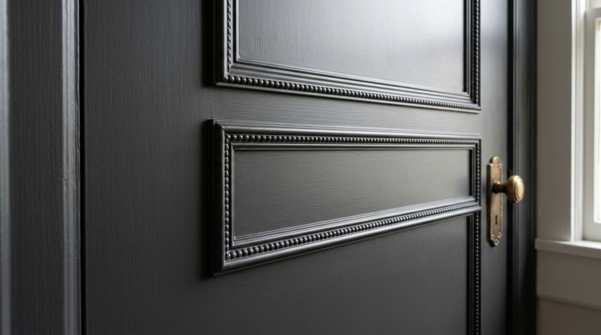 A DIY closet door molding styles inspiration shot showing a simple shaker-style door elevated with thin gold leaf pinstriping and artisanal hardware. A DIY closet door molding styles inspiration shot showing a simple shaker-style door elevated with thin gold leaf pinstriping and artisanal hardware.
