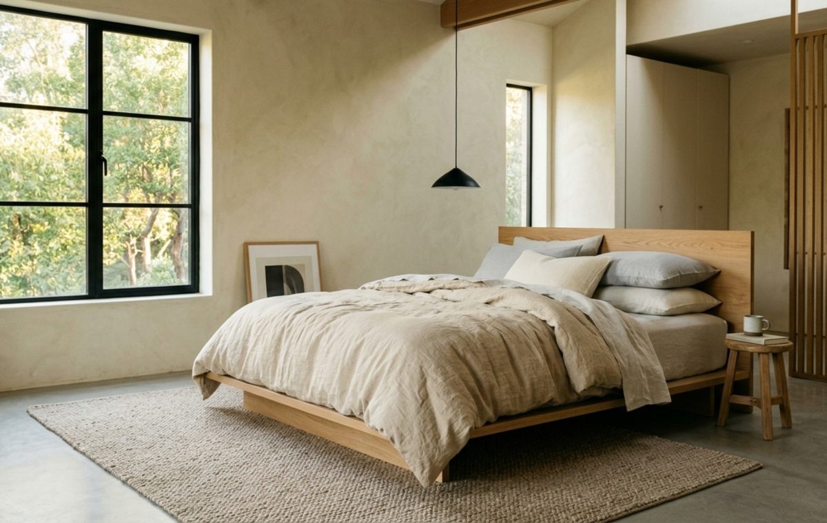 Eucalyptus fiber comforter on a low-profile platform bed with fluted white oak detailing and 36-inch walkway clearance.