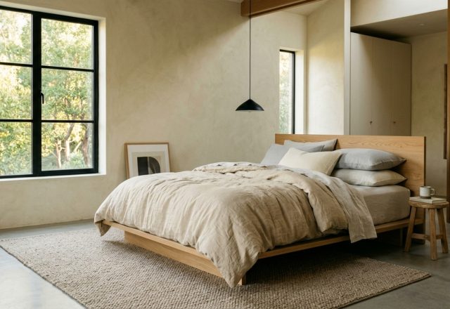 Eucalyptus fiber comforter on a low-profile platform bed with fluted white oak detailing and 36-inch walkway clearance.