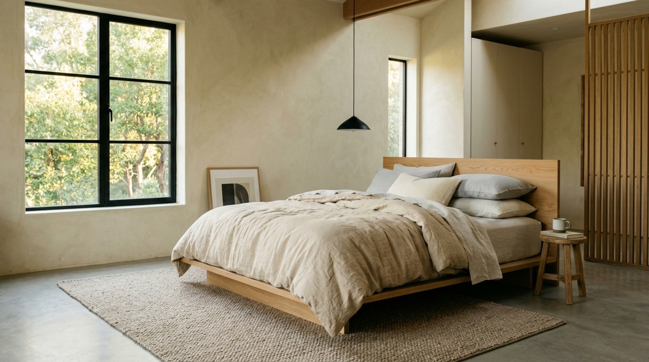 Eucalyptus fiber comforter on a low-profile platform bed with fluted white oak detailing and 36-inch walkway clearance. Eucalyptus fiber comforter on a low-profile platform bed with fluted white oak detailing and 36-inch walkway clearance.