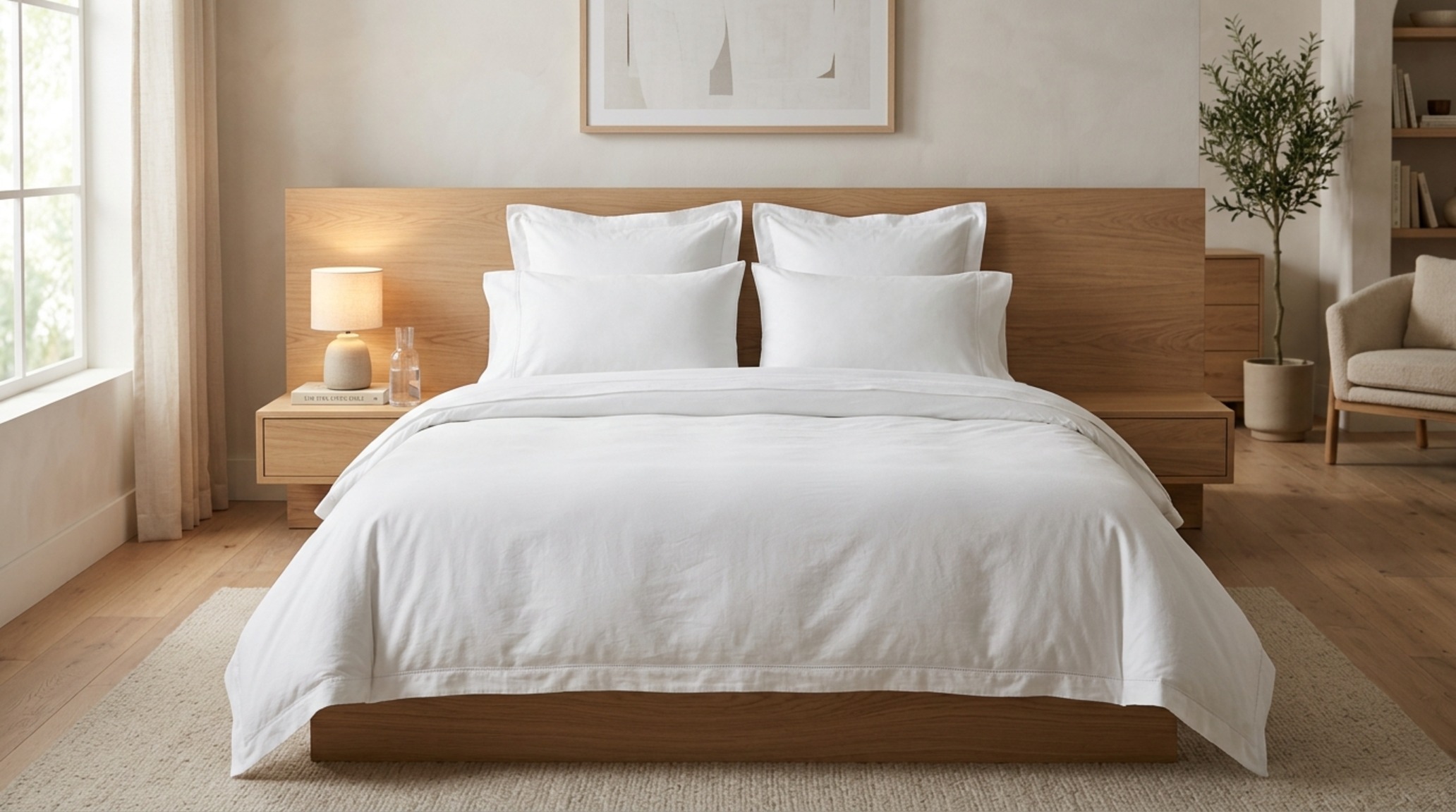 Luxury percale bedding in crisp white layered over a modern walnut bed frame in a sun-lit bedroom with high CRI lighting. Luxury percale bedding in crisp white layered over a modern walnut bed frame in a sun-lit bedroom with high CRI lighting.