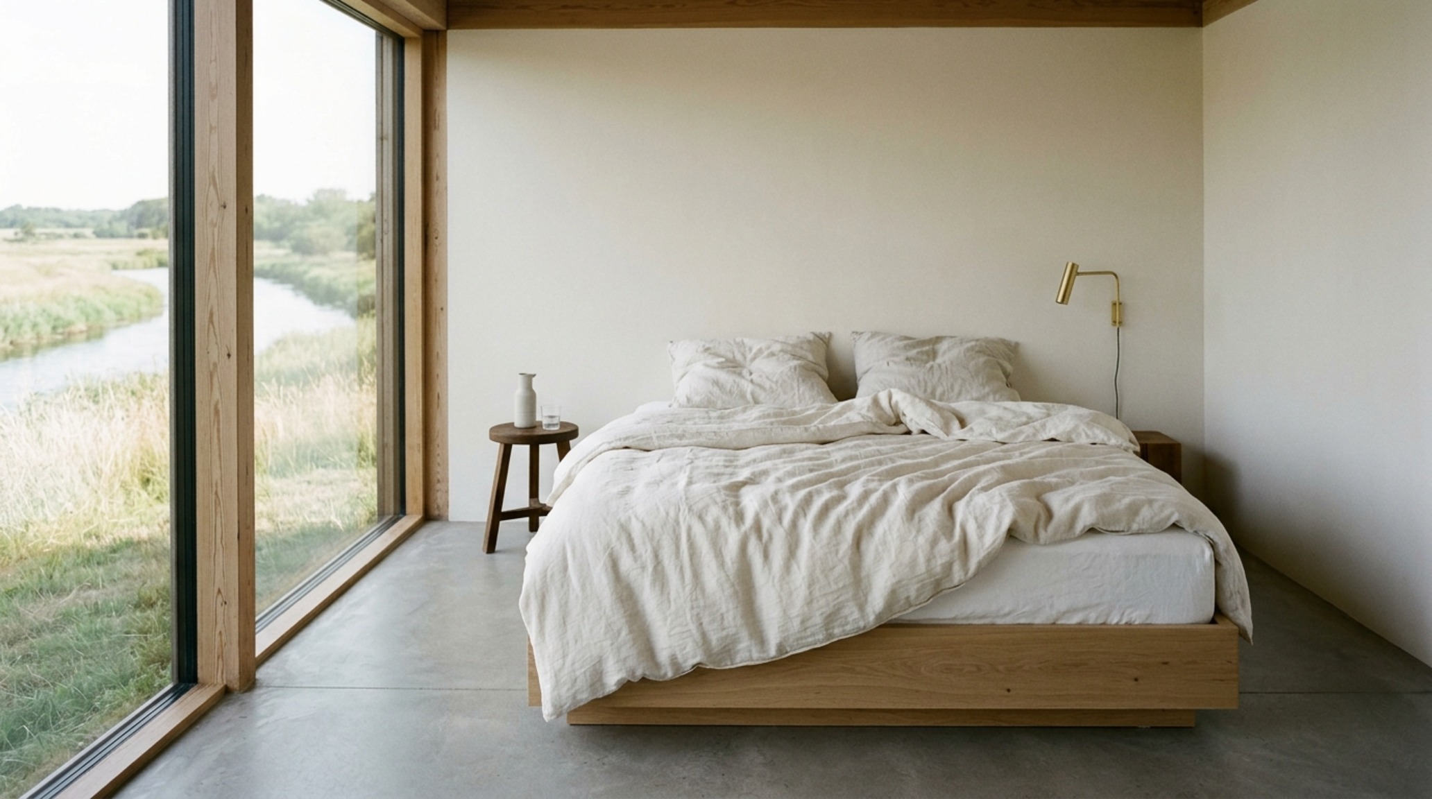 Breathable comforter for summer with lightweight loft and natural texture in an urban loft with floor-to-ceiling windows. Breathable comforter for summer with lightweight loft and natural texture in an urban loft with floor-to-ceiling windows.