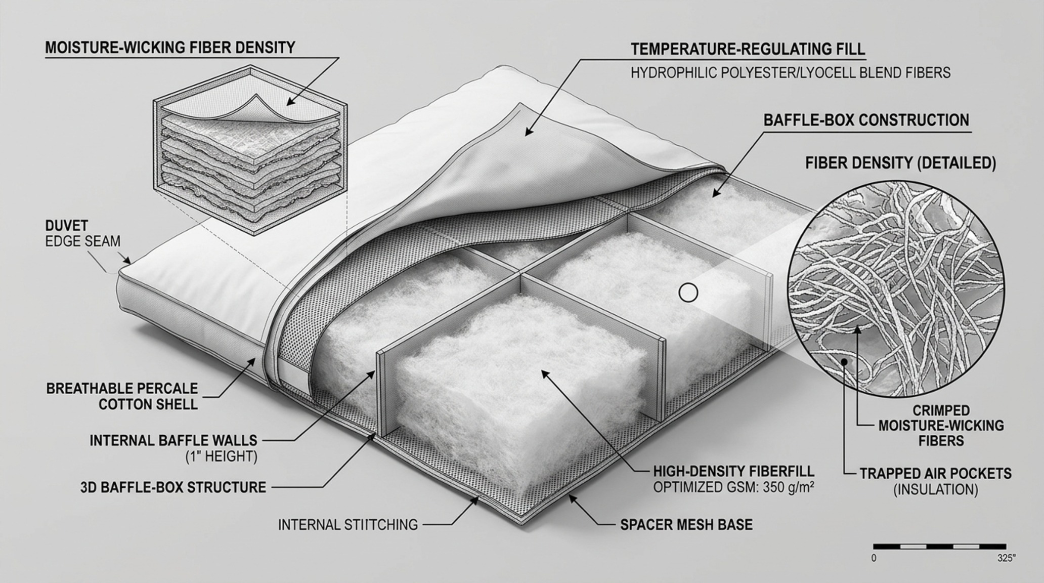 Temperature-regulating duvet inserts with baffle-box construction shown in a cross-section detail for thermal analysis. Temperature-regulating duvet inserts with baffle-box construction shown in a cross-section detail for thermal analysis.