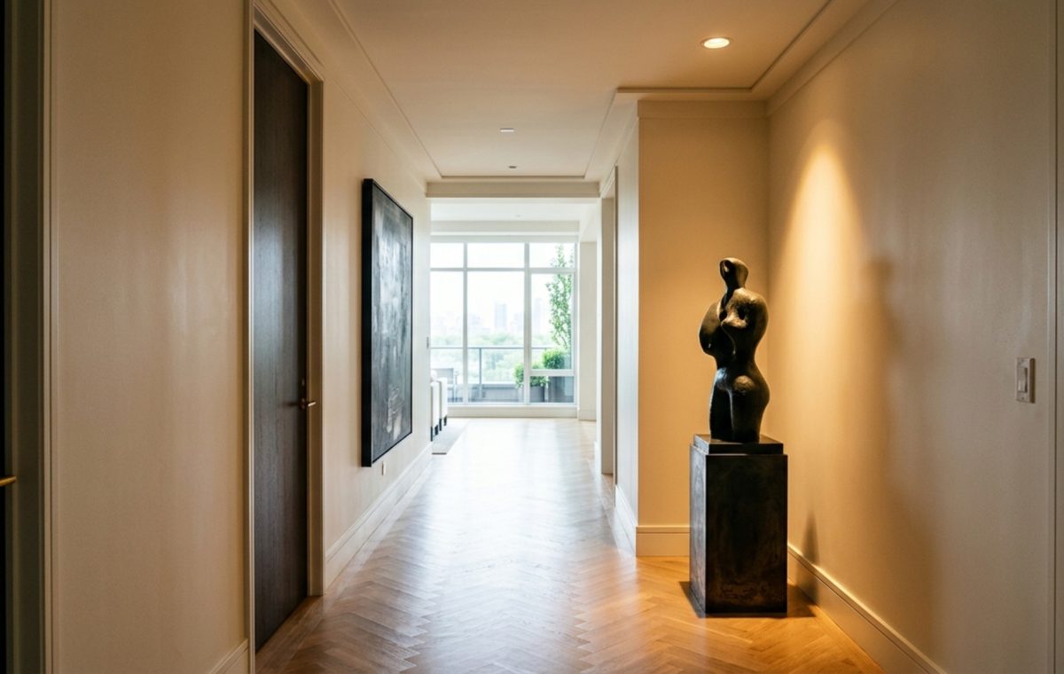 A minimalist entry gallery in the Liza Kuhn Central Park West apartment featuring Benjamin Moore Swiss Coffee walls and a 36-inch clear walkway for optimal spatial flow.
