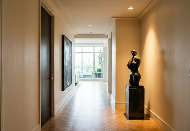 A minimalist entry gallery in the Liza Kuhn Central Park West apartment featuring Benjamin Moore Swiss Coffee walls and a 36-inch clear walkway for optimal spatial flow.