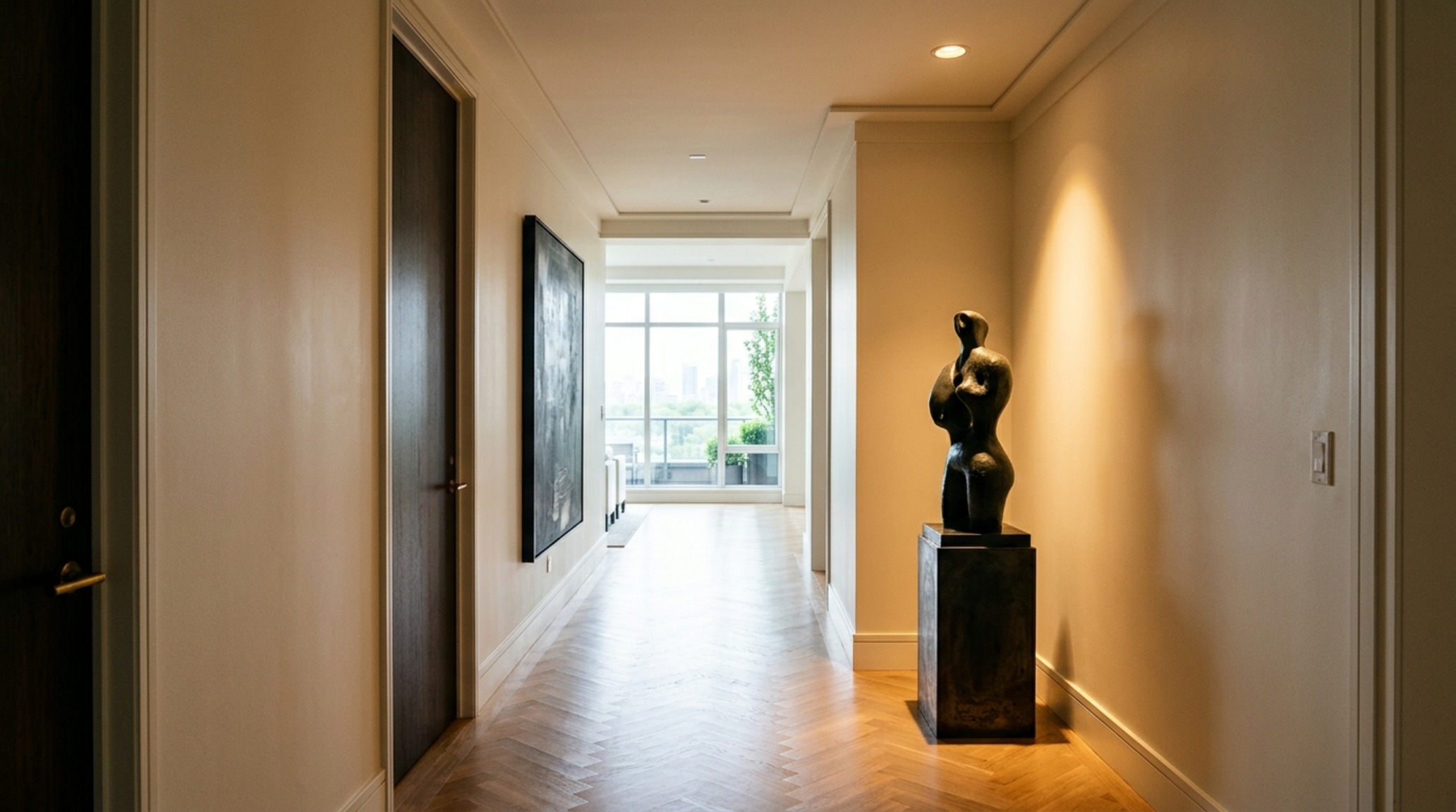 A minimalist entry gallery in the Liza Kuhn Central Park West apartment featuring Benjamin Moore Swiss Coffee walls and a 36-inch clear walkway for optimal spatial flow. A minimalist entry gallery in the Liza Kuhn Central Park West apartment featuring Benjamin Moore Swiss Coffee walls and a 36-inch clear walkway for optimal spatial flow.