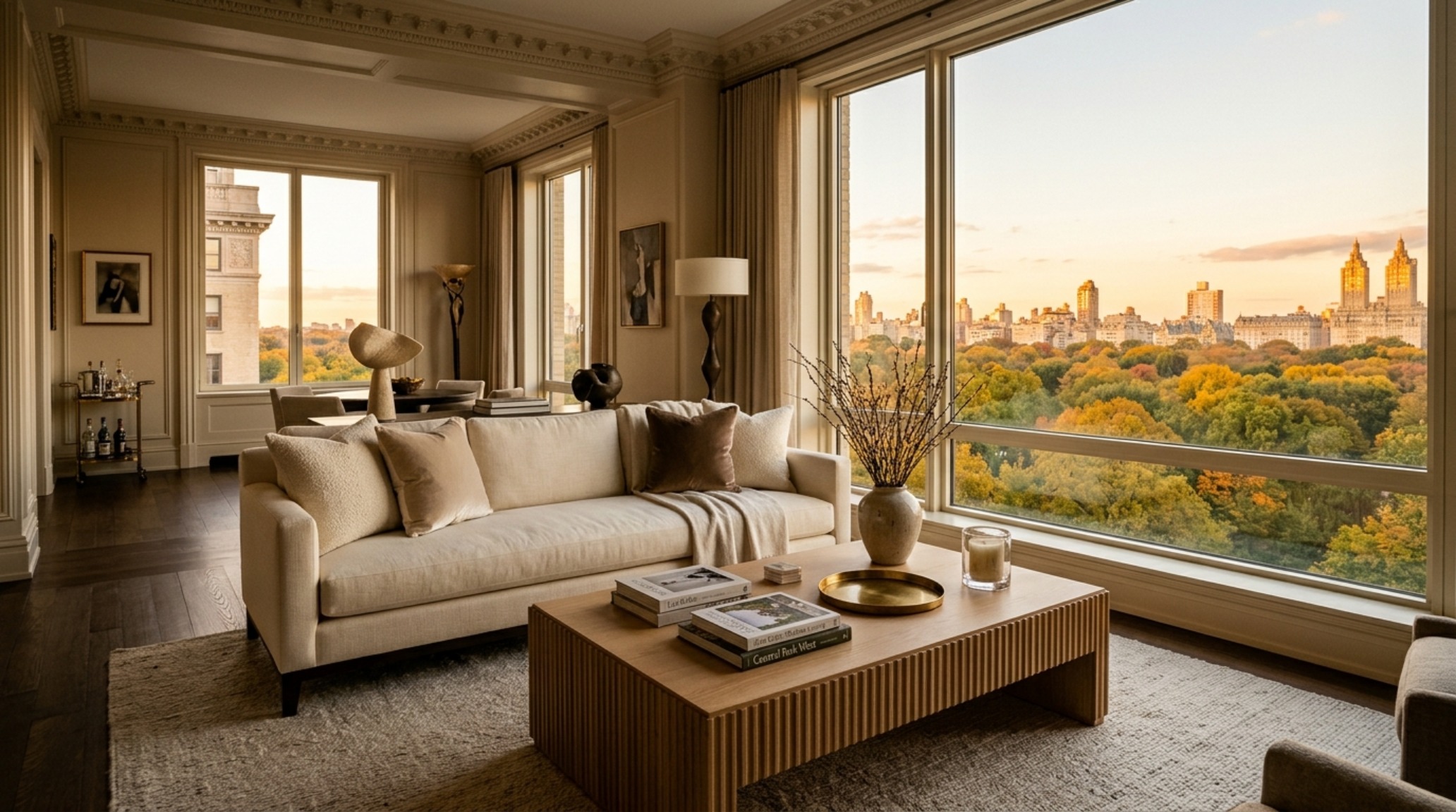 The primary living area of the Liza Kuhn Central Park West apartment showing the 18-inch reach from a low-profile sofa to a fluted oak coffee table with park views. The primary living area of the Liza Kuhn Central Park West apartment showing the 18-inch reach from a low-profile sofa to a fluted oak coffee table with park views.