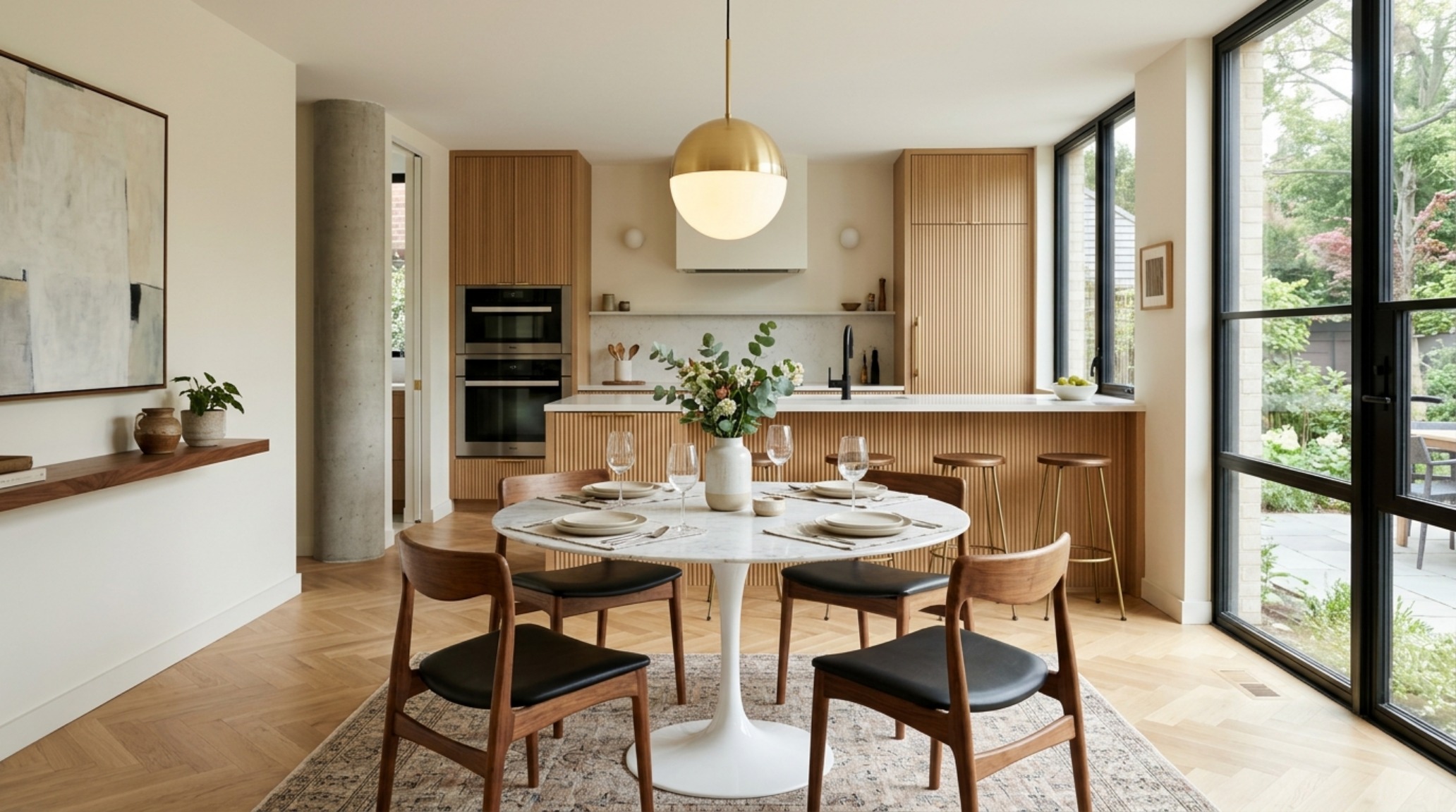 An ergonomic dining nook in a Central Park West apartment by Liza Kuhn with 30-inch chair clearance and a round pedestal table for improved circulation. An ergonomic dining nook in a Central Park West apartment by Liza Kuhn with 30-inch chair clearance and a round pedestal table for improved circulation.