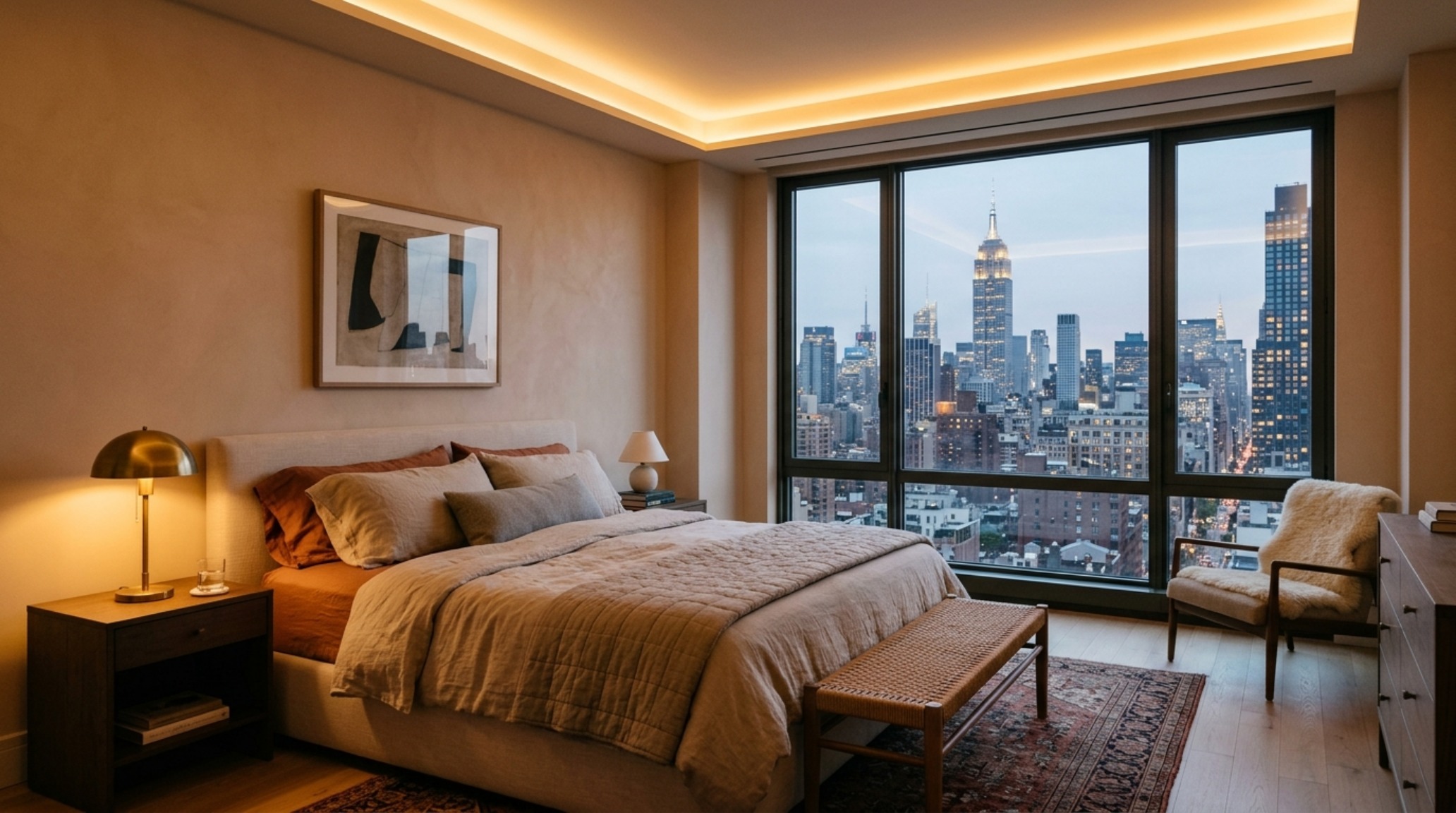 The primary bedroom in the Liza Kuhn Central Park West apartment showing sightline alignment to the park and 2700K warm ambient lighting for a serene atmosphere. The primary bedroom in the Liza Kuhn Central Park West apartment showing sightline alignment to the park and 2700K warm ambient lighting for a serene atmosphere.
