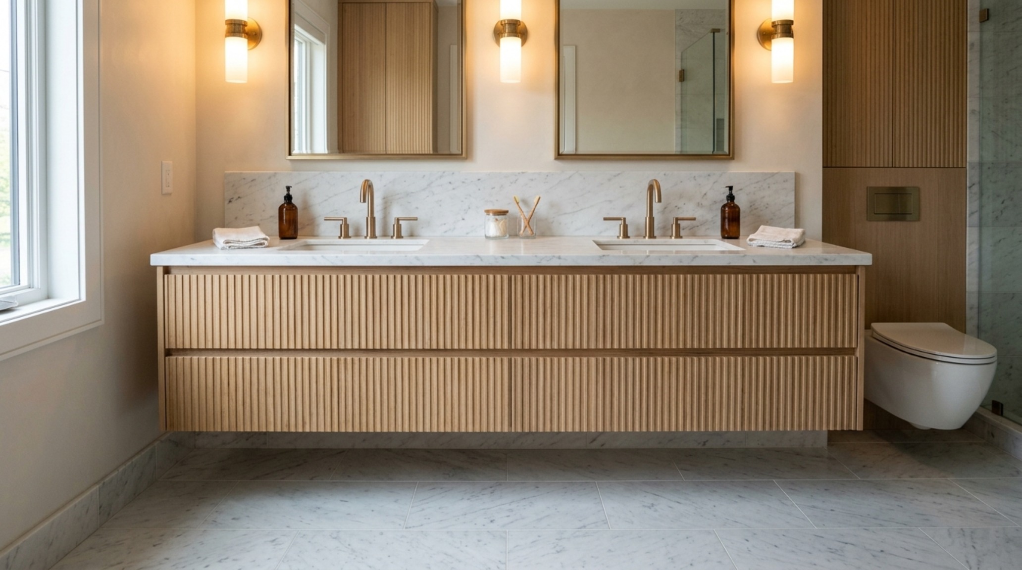 Architectural detail of custom fluted oak bathroom vanity floating 12 inches above honed marble floors in a modern Central Park West apartment layout. Architectural detail of custom fluted oak bathroom vanity floating 12 inches above honed marble floors in a modern Central Park West apartment layout.