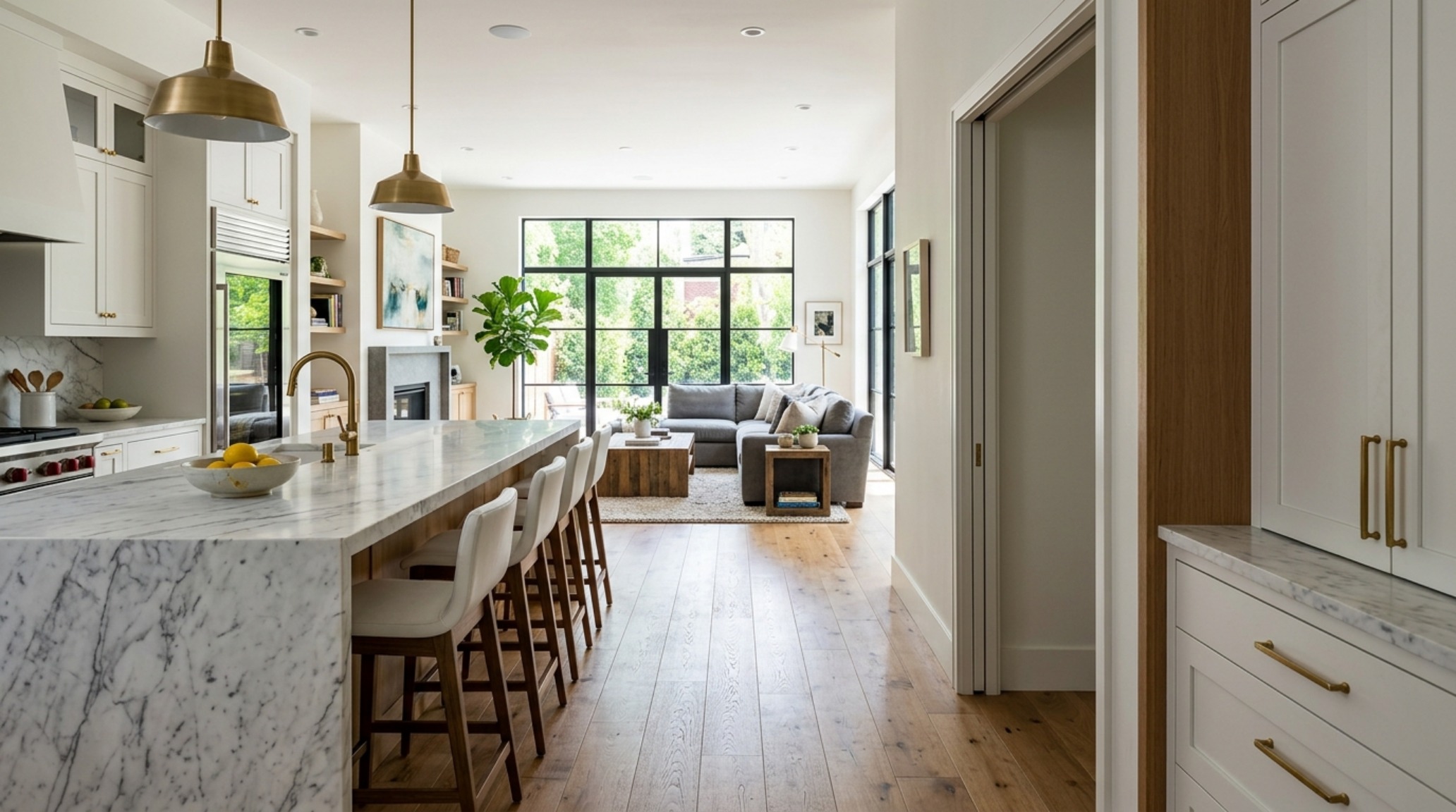 The intersection of kitchen and living zones showcasing the 36-inch circulation path and the transition from wood to stone textures in a luxury apartment. The intersection of kitchen and living zones showcasing the 36-inch circulation path and the transition from wood to stone textures in a luxury apartment.