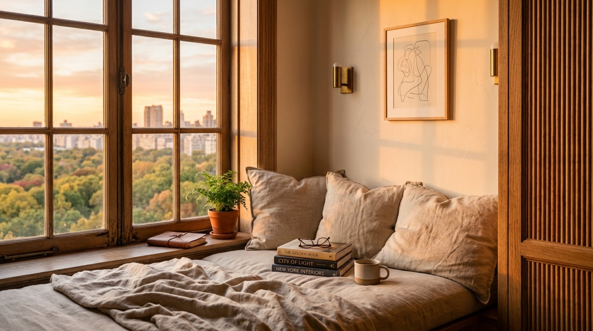 Sunset light filtering through linen drapery in a Central Park West bedroom, highlighting the soft architectural palette of Farrow and Ball Setting Plaster. Sunset light filtering through linen drapery in a Central Park West bedroom, highlighting the soft architectural palette of Farrow and Ball Setting Plaster.