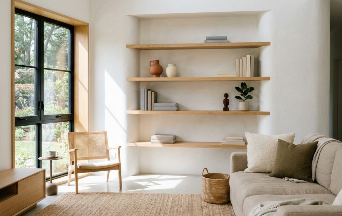 A wide-angle shot of a bright living room featuring Loni Haskell inspired built-in white oak floating shelves, perfectly aligned with the architectural sightlines and illuminated by soft morning light.