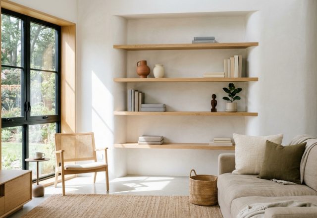 A wide-angle shot of a bright living room featuring Loni Haskell inspired built-in white oak floating shelves, perfectly aligned with the architectural sightlines and illuminated by soft morning light.