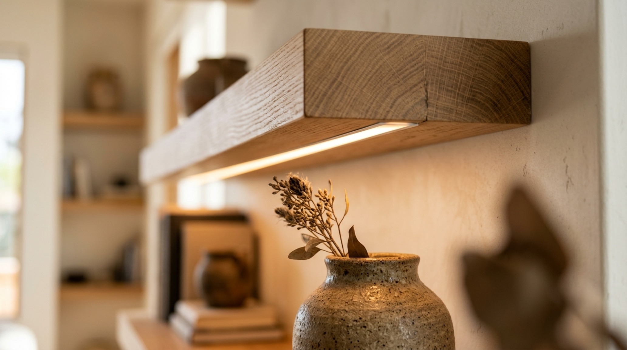 Close-up detail of integrated warm LED tape lighting (2700K) recessed into the underside of a thick floating shelf, highlighting the rich grain of the wood and casting a gentle glow on curated ceramics.