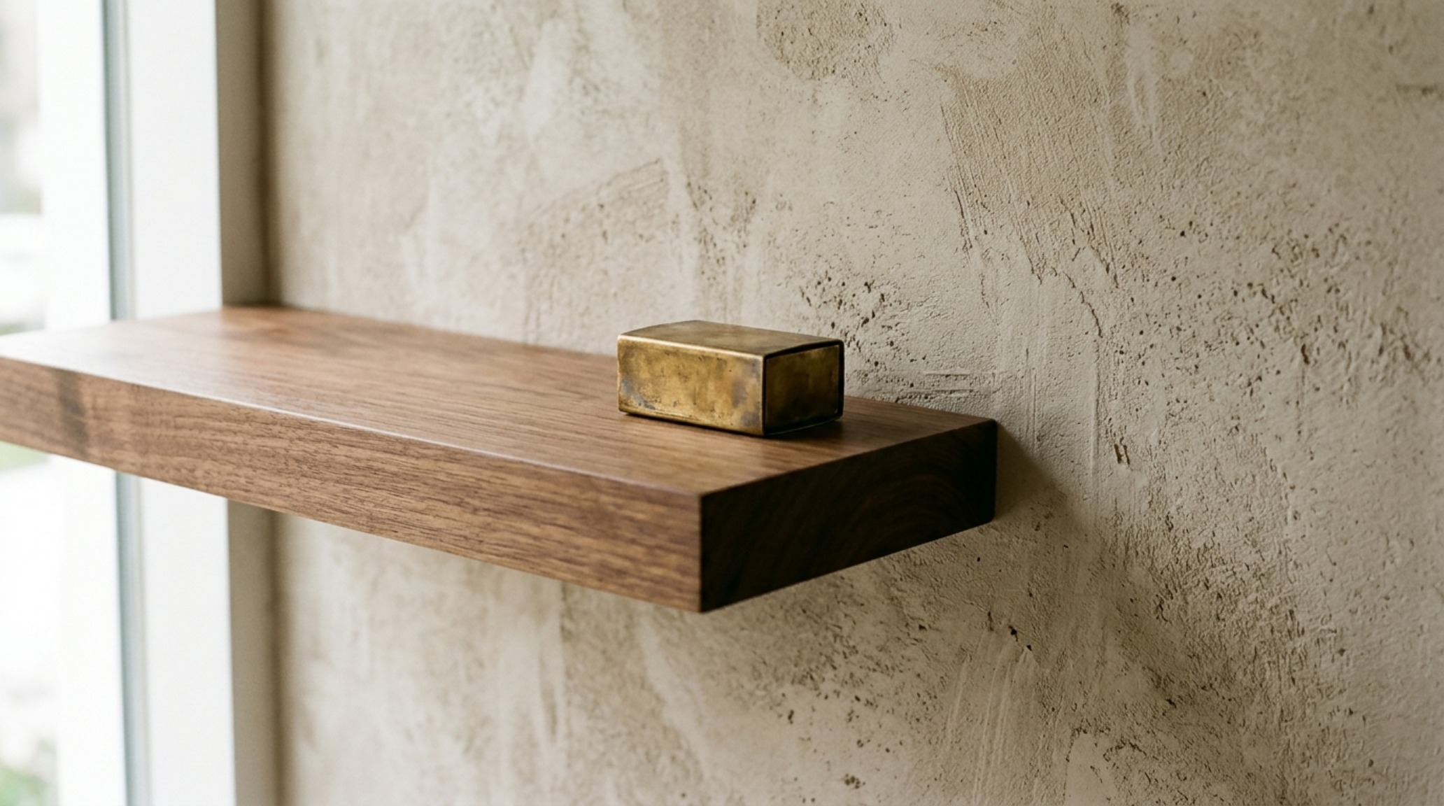Tactile material study showing the contrast between a matte-finished white oak shelf and a textured Roman limewash wall in a neutral beige tone, demonstrating luxury living room floating shelves ideas.