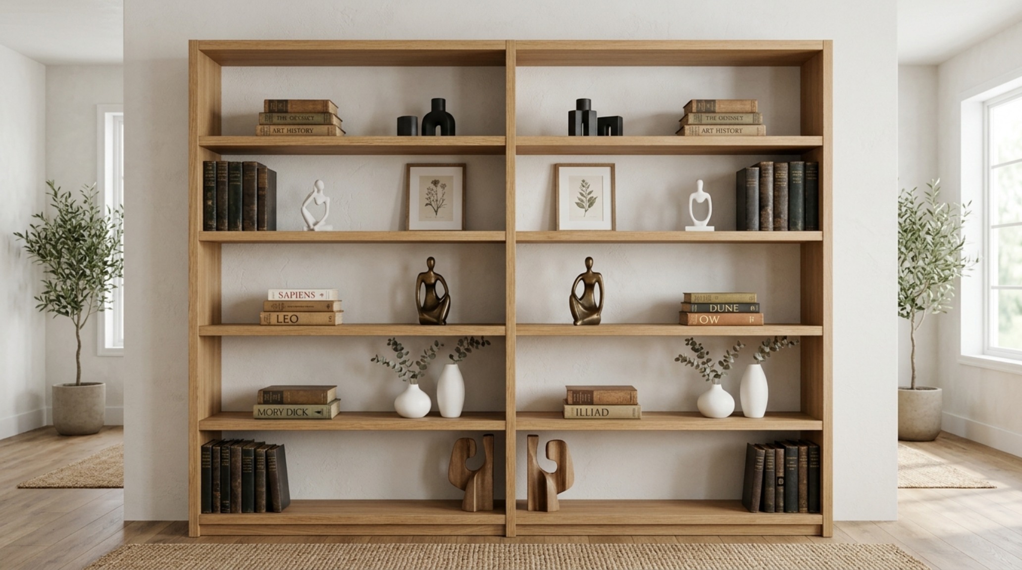 Editorial styling of architectural bookshelves with a focus on negative space, featuring odd-numbered groupings of vintage books and a single travertine sculpture.